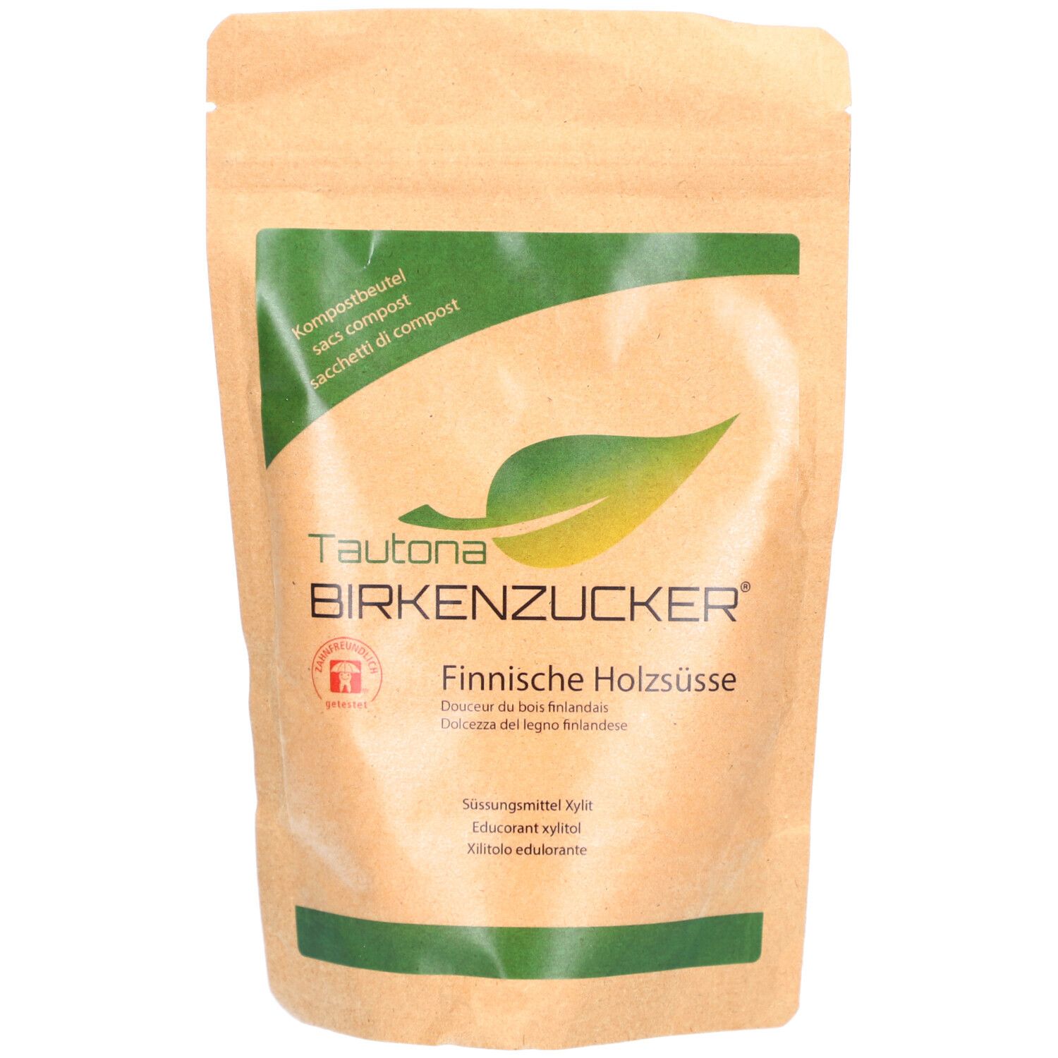 Beutel mit Birkenzucker. Aufschrift: Tautona Birkenzucker. Grün-weißes Logo. Text: Finnische Holzsüße. Kompostbeutel.