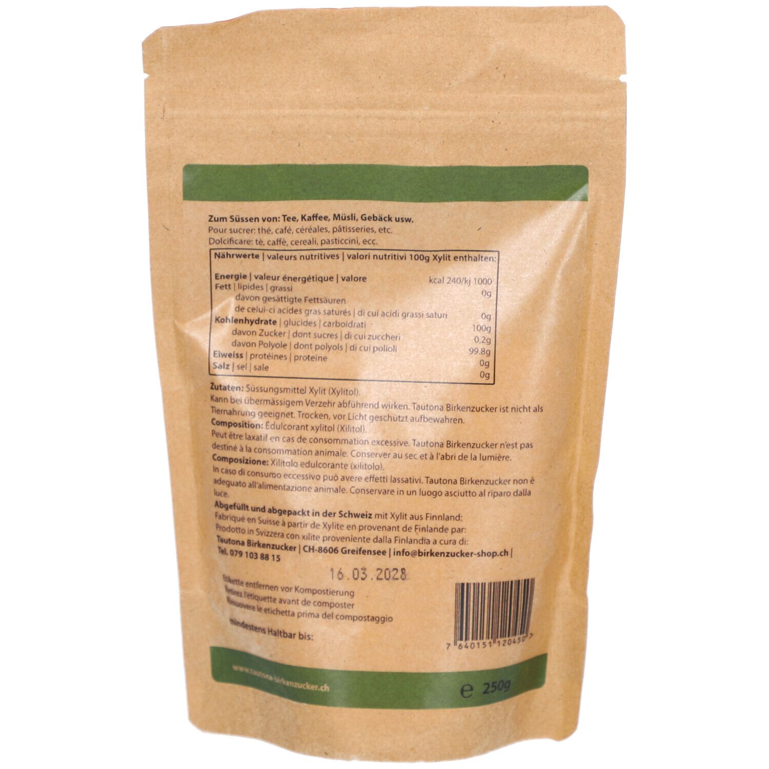 Rückseite des Birkenzucker-Beutels. Text mit Nährwertangaben und Inhaltsstoffen. Barcode und Mindesthaltbarkeitsdatum.