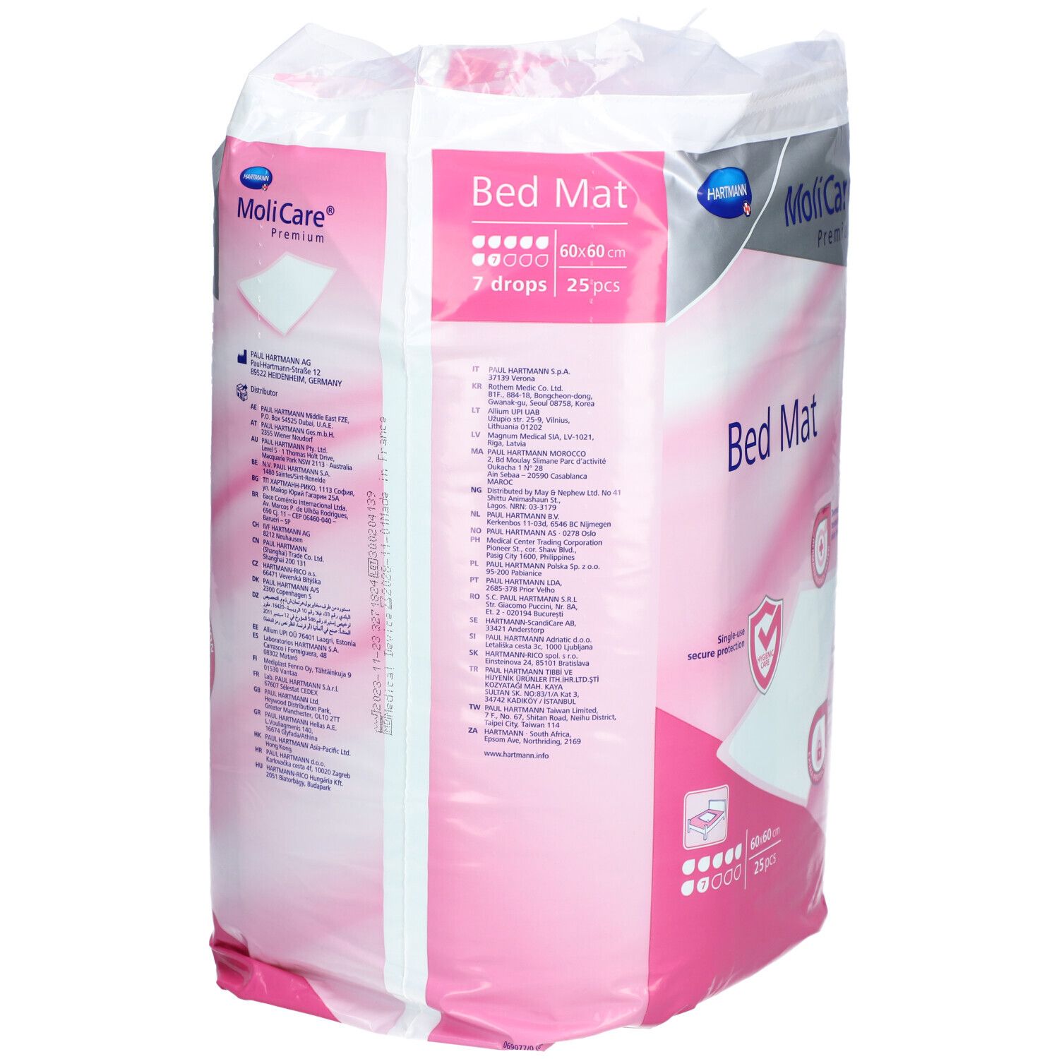 Verpackung MoliCare Bed Mat, 60x60cm, 25 Stück. 7 Tropfen-Symbol. Rückseite mit Text. Einzelne Schutz, dermatologisch getestet.