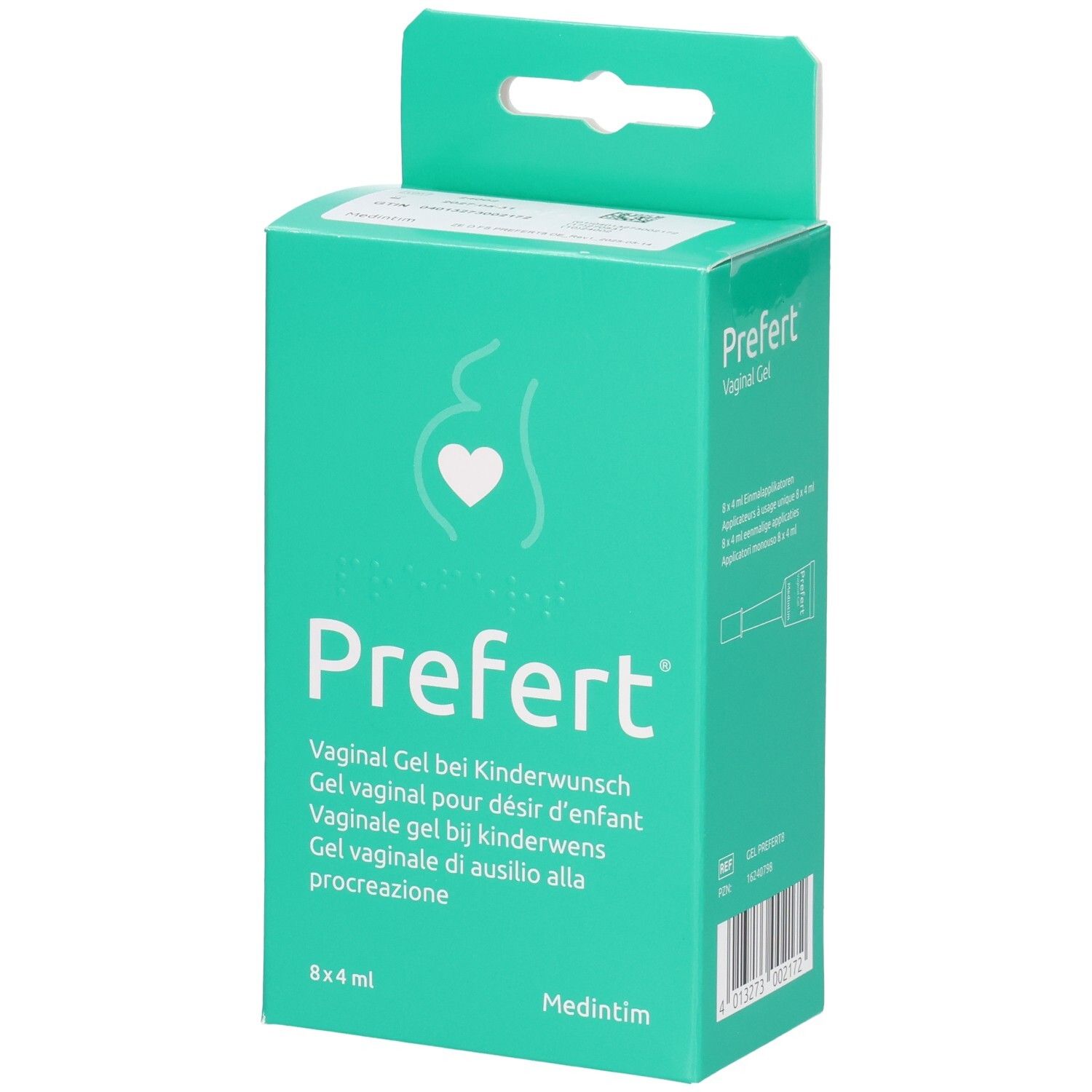 Türkisfarbene Schachtel mit Produktnamen und Logo. Enthält 8 x 4 ml Gel. Aufschrift: Vaginal Gel bei Kinderwunsch.
