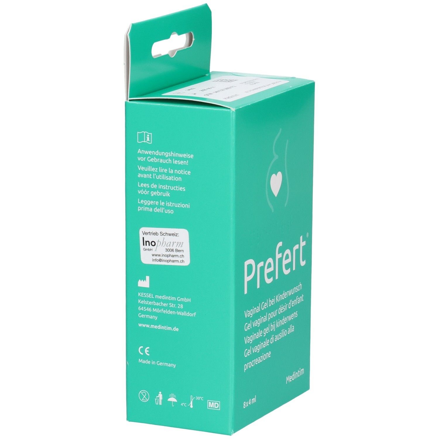 Rückseite der Prefert Vaginal Gel Packung mit Anwendungshinweisen und Herstellerangaben.