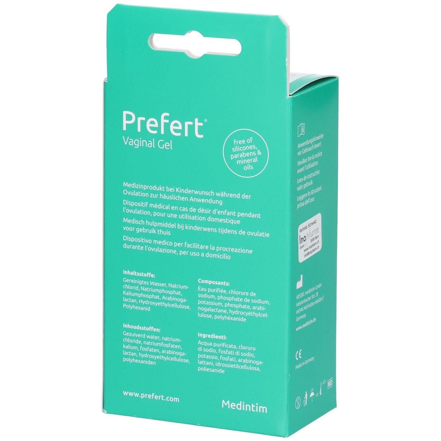 Rückseite der türkisfarbenen Schachtel. Text: Vaginal Gel, Inhaltsstoffe, Medintim. Frei von Silikonen & Mineralölen.