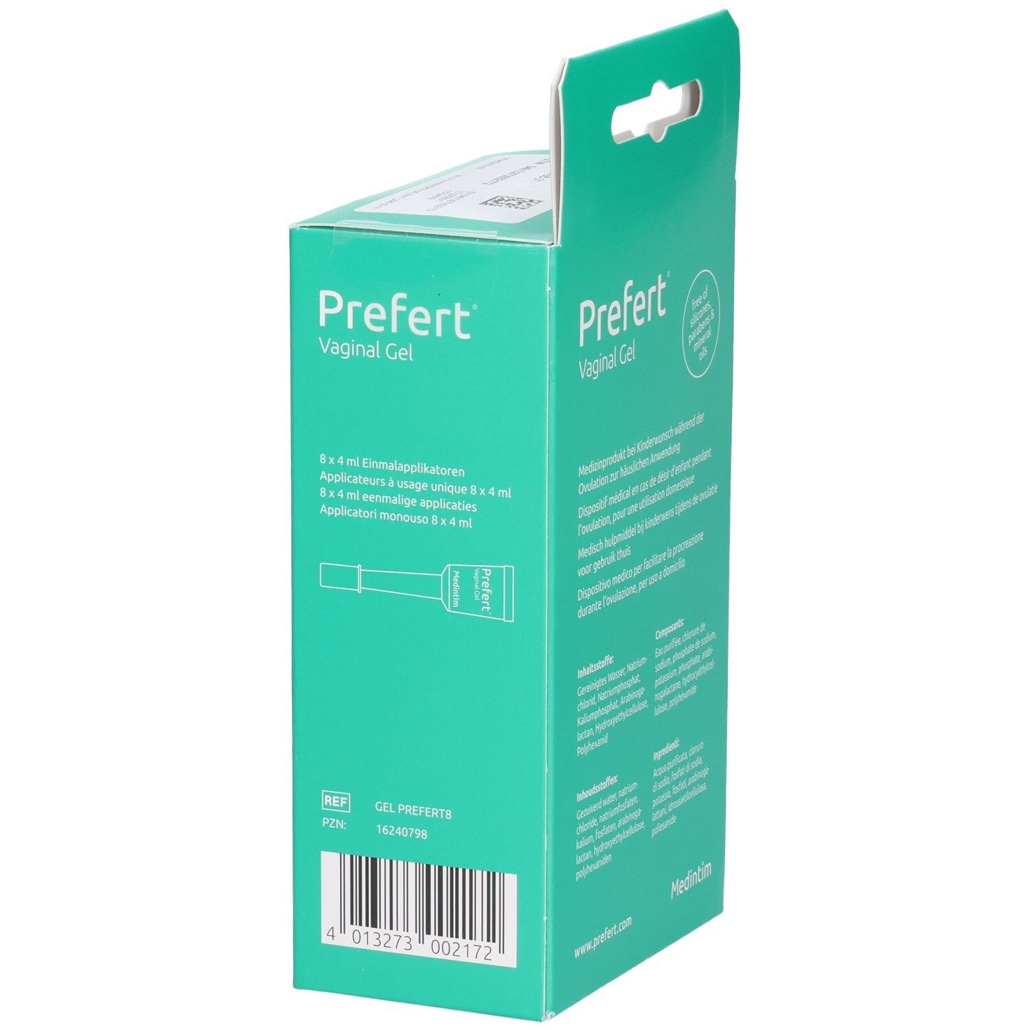 Türkisfarbene Schachtel, Seitenansicht. Text: 8 x 4 ml Applikatoren. Gel PREFERT. PZN-Nummer.