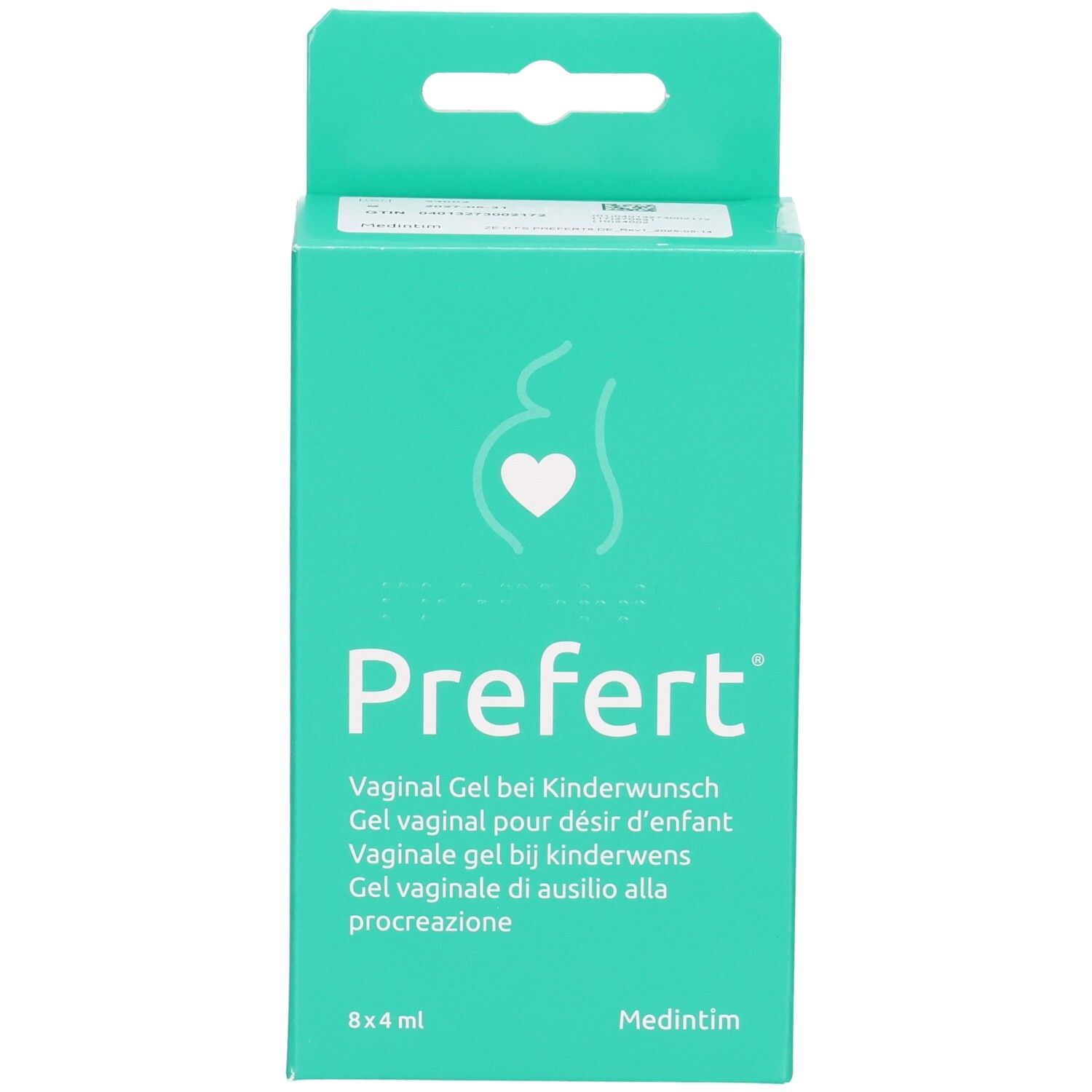 Türkisfarbene Schachtel mit Produktnamen und Logo. Enthält 8 x 4 ml Gel. Aufschrift: Vaginal Gel bei Kinderwunsch.