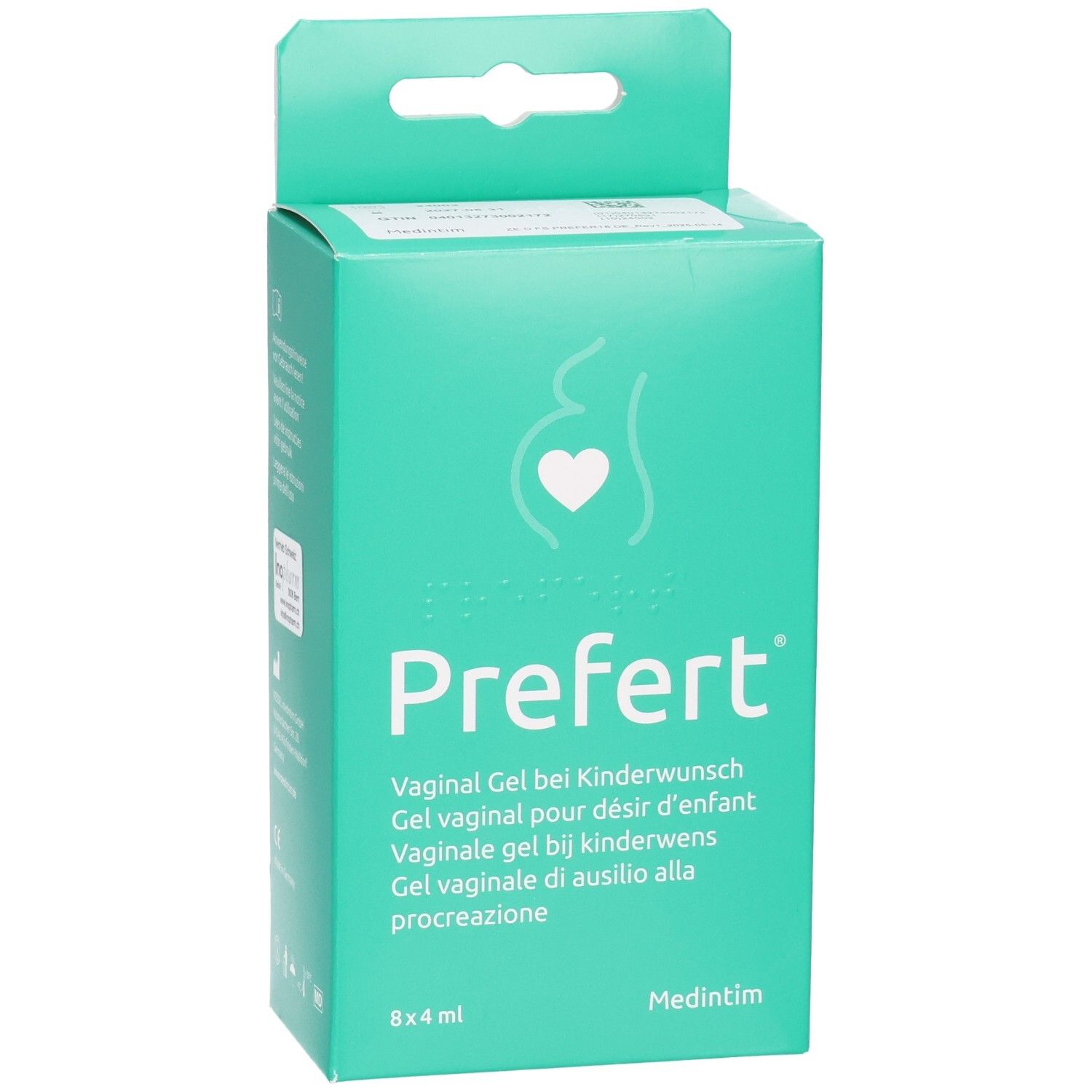 Türkisfarbene Schachtel mit Produktnamen und Logo. Enthält 8 x 4 ml Gel. Aufschrift: Vaginal Gel bei Kinderwunsch.