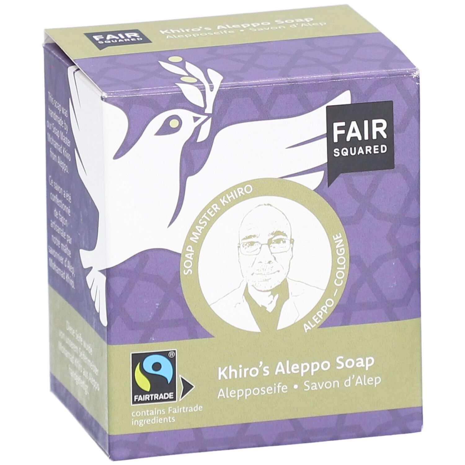 Verpackung mit FAIR SQUARED Logo, Text: Khiro's Aleppo Soap, Fairtrade-Siegel, Abbildung eines Mannes.