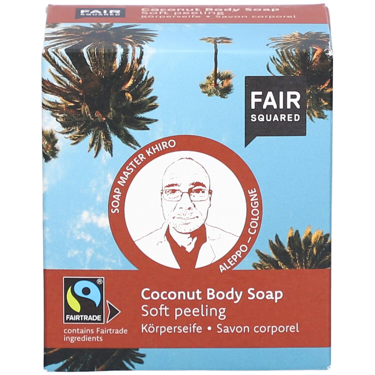 Karton mit FAIR SQUARED Logo, Soap Master Portrait und Produktnamen. Fairtrade-Siegel.