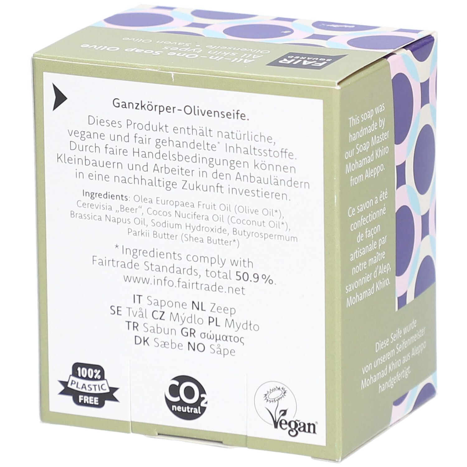 Emballage de savon All-in-One Olive FAIR SQUARED. Ingrédients, label Vegan, neutre en CO2.