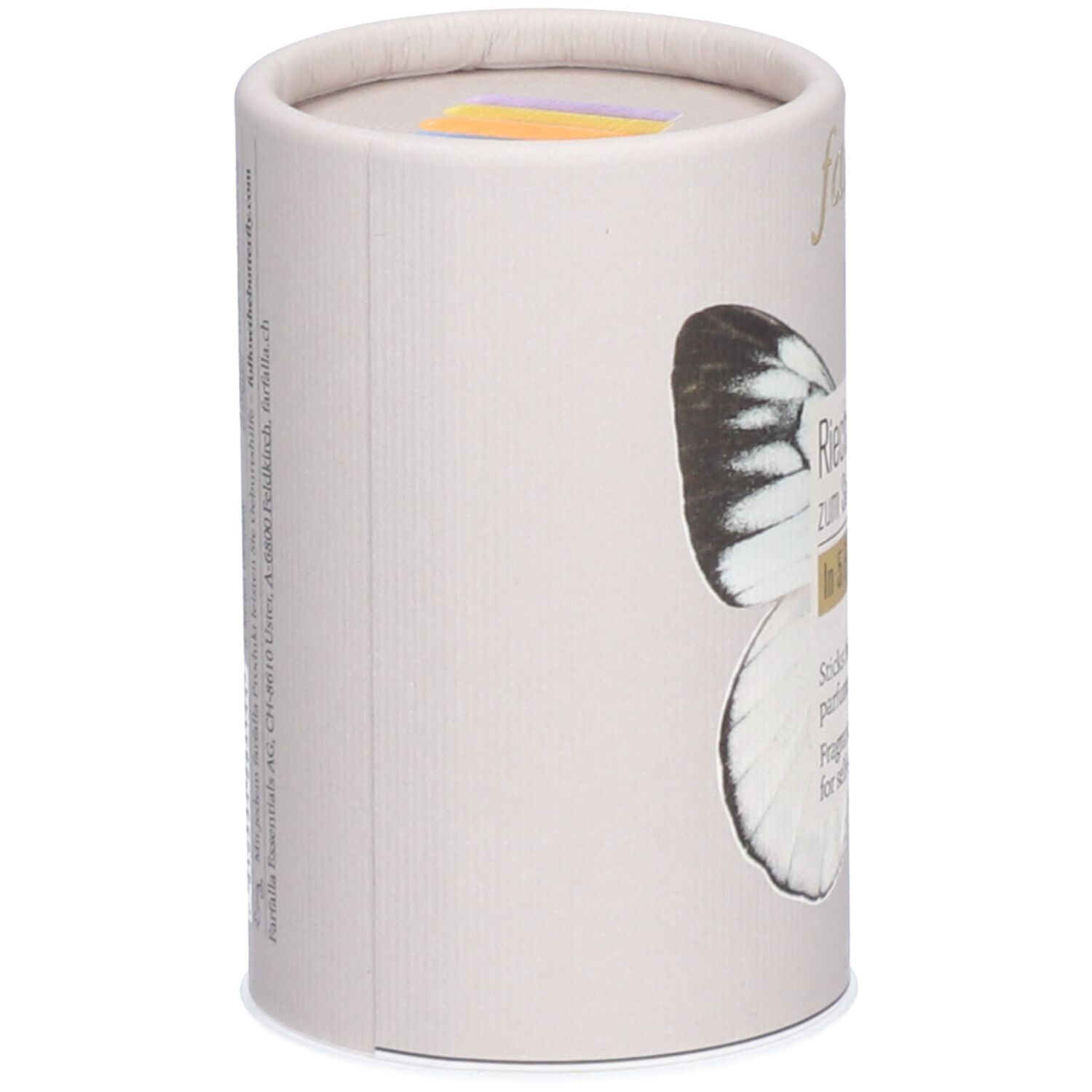Emballage cylindrique, côté avec texte. Inscription : Set de bâtonnets, 5 couleurs, farfalla aromaCare. Illustration d'un papillon.