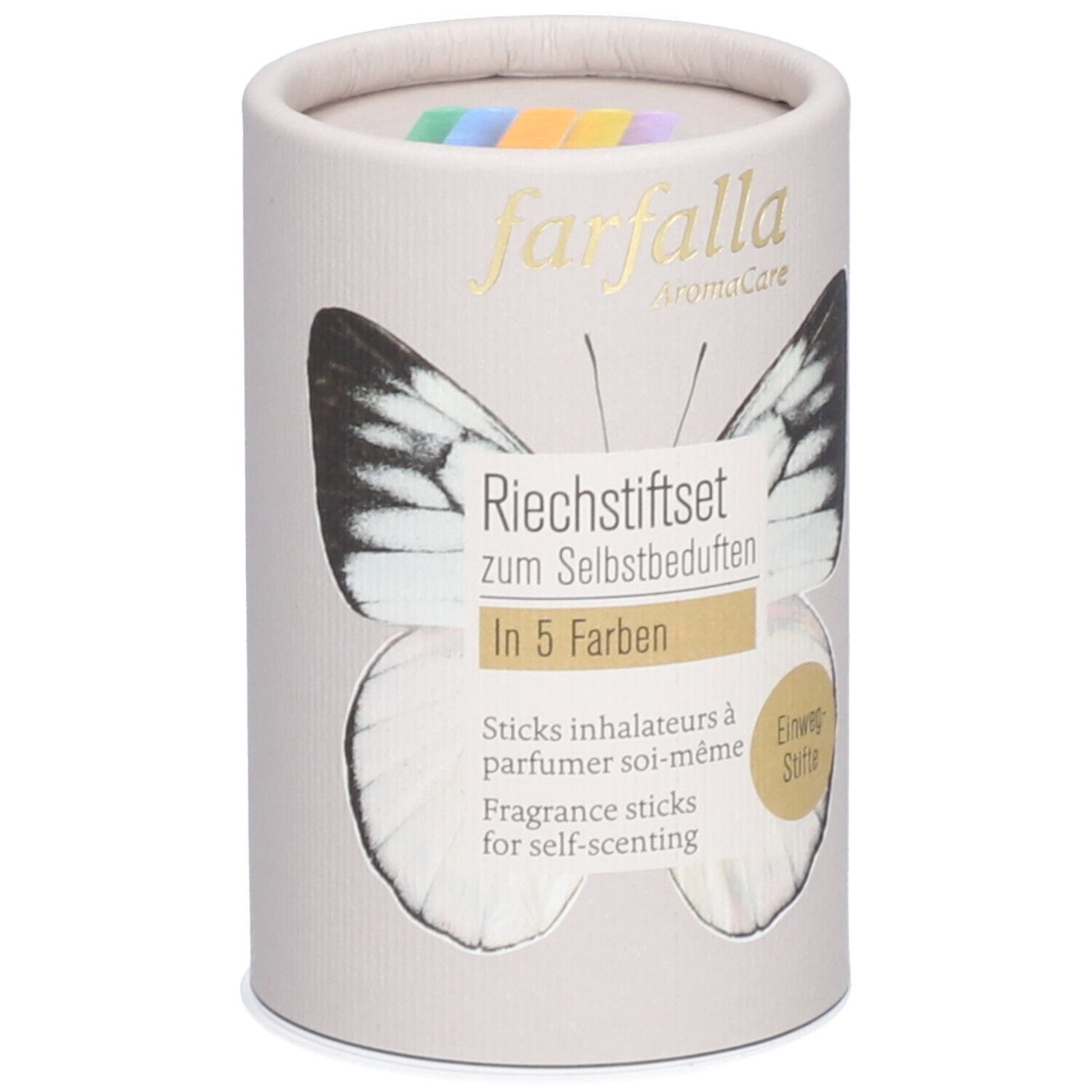 Emballage cylindrique avec bâtonnets d'inhalation colorés. Inscription : Set de bâtonnets, 5 couleurs, farfalla aromaCare.