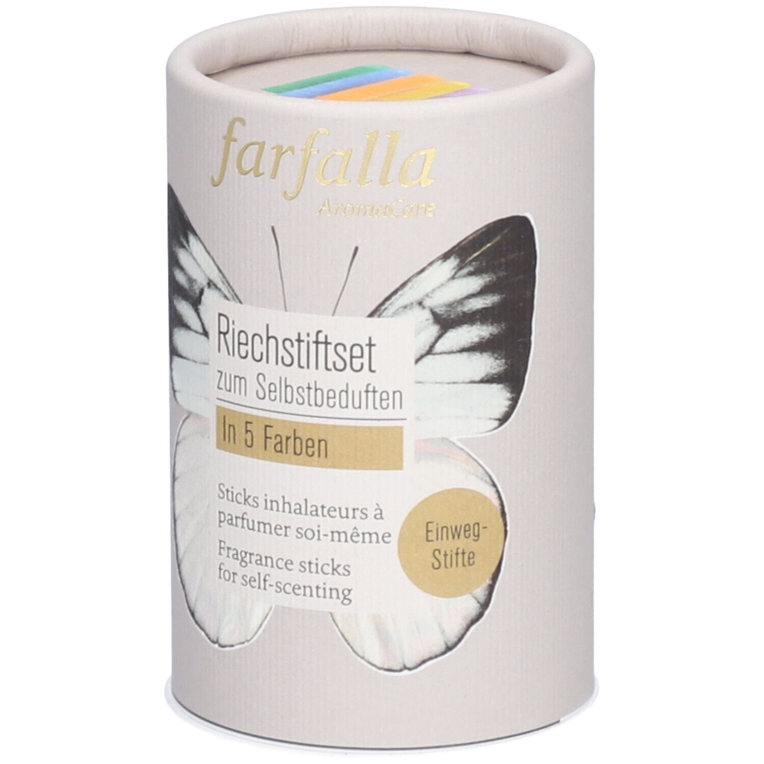 Emballage cylindrique avec bâtonnets d'inhalation colorés. Inscription : Set de bâtonnets, 5 couleurs, farfalla aromaCare.