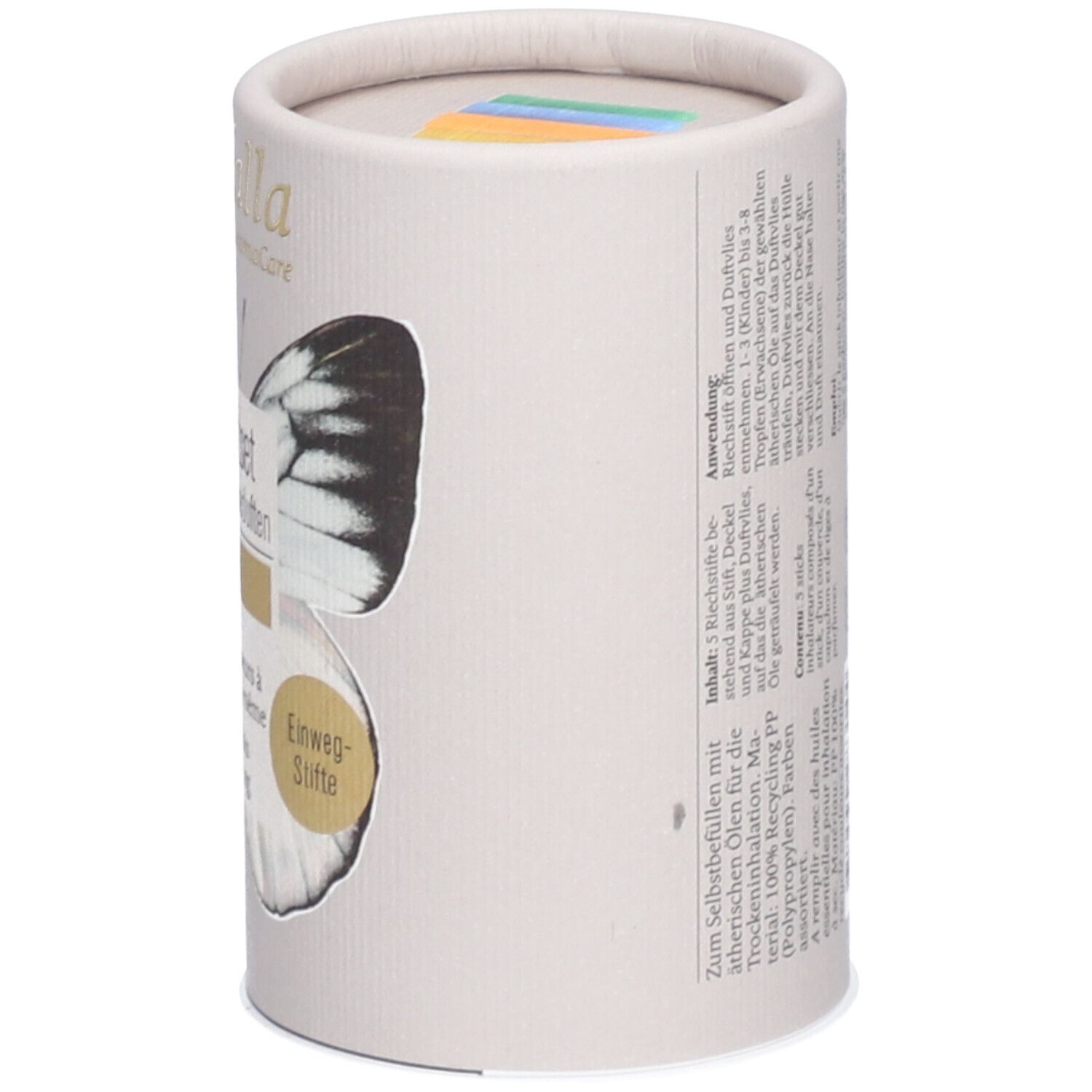 Emballage cylindrique, côté avec texte. Inscription : Set de bâtonnets, 5 couleurs, farfalla aromaCare. Illustration d'un papillon.