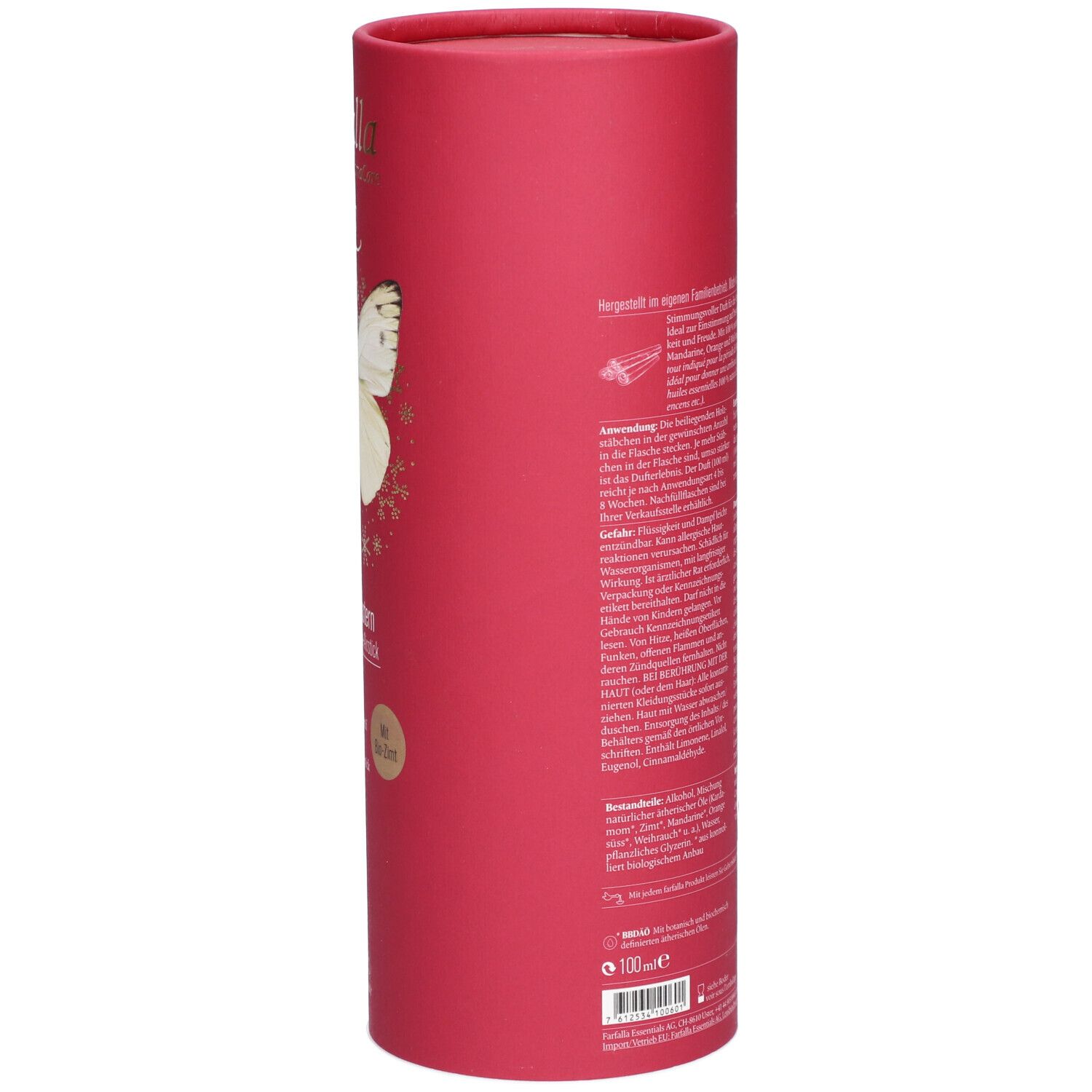 Emballage cylindrique rouge avec texte et informations produit. Dos avec texte multilingue. En bas: code-barres et indication de volume.