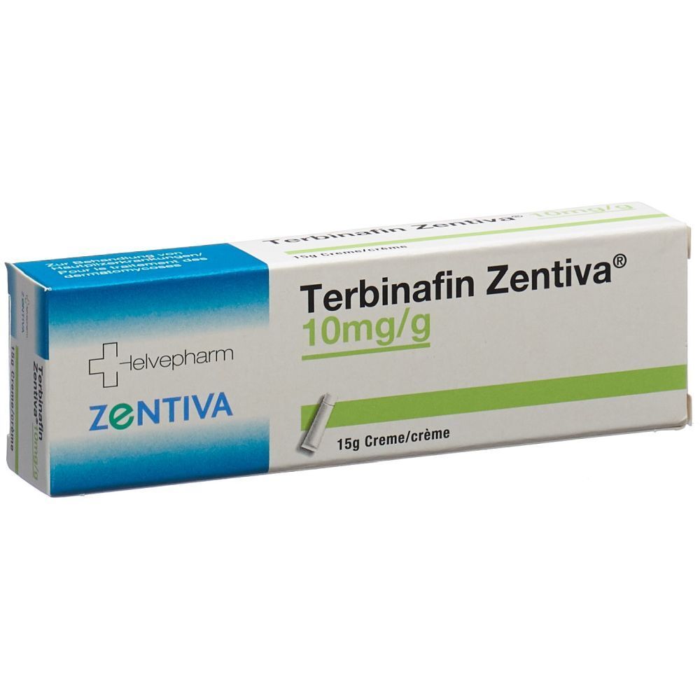 Emballage de Terbinafine Zentiva crème. Boîte blanche avec accents verts et bleus. Nom du produit et dosage clairement visibles.