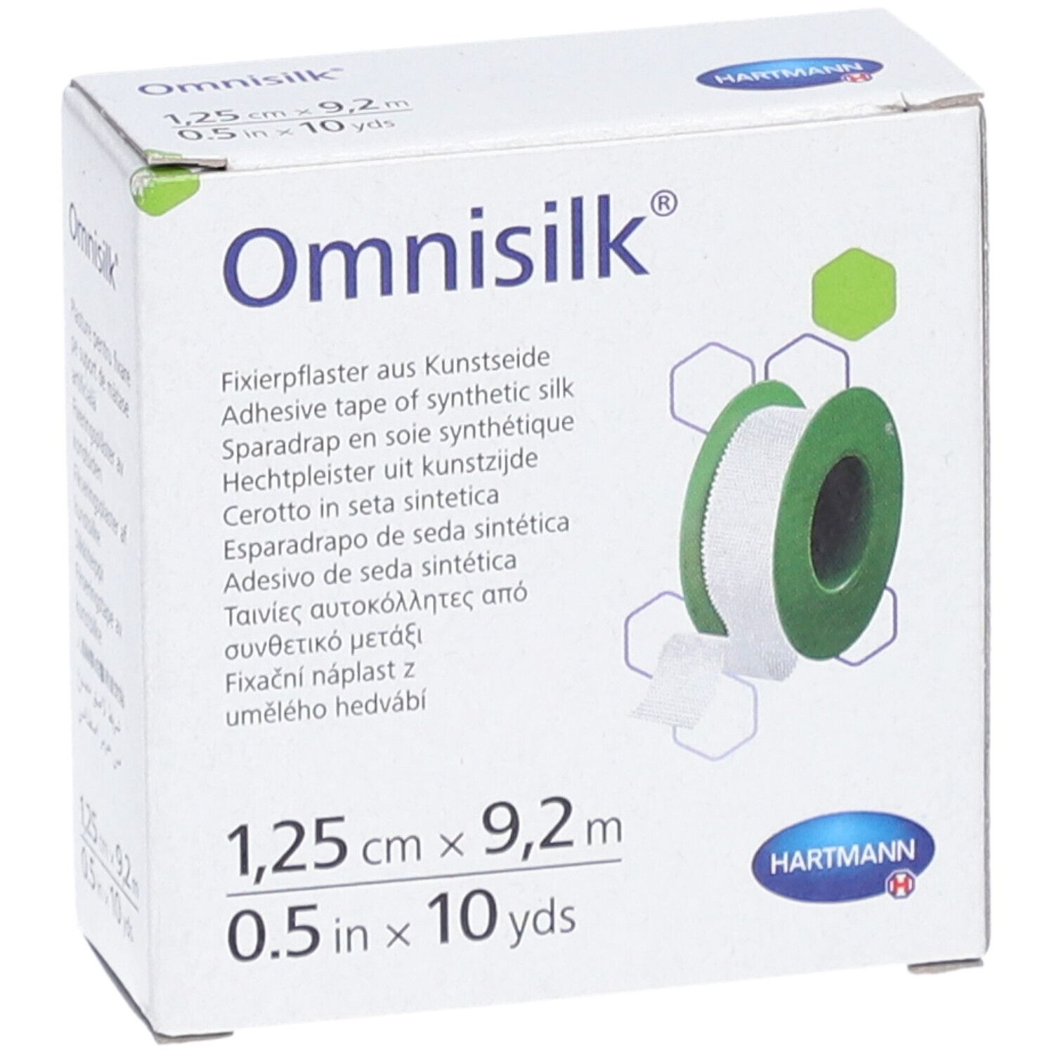 Omnisilk-Verpackung. Rolle mit weißem Pflaster und grünem Kern. Maße: 1,25 cm x 9,2 m. Marke und Produktname sichtbar.