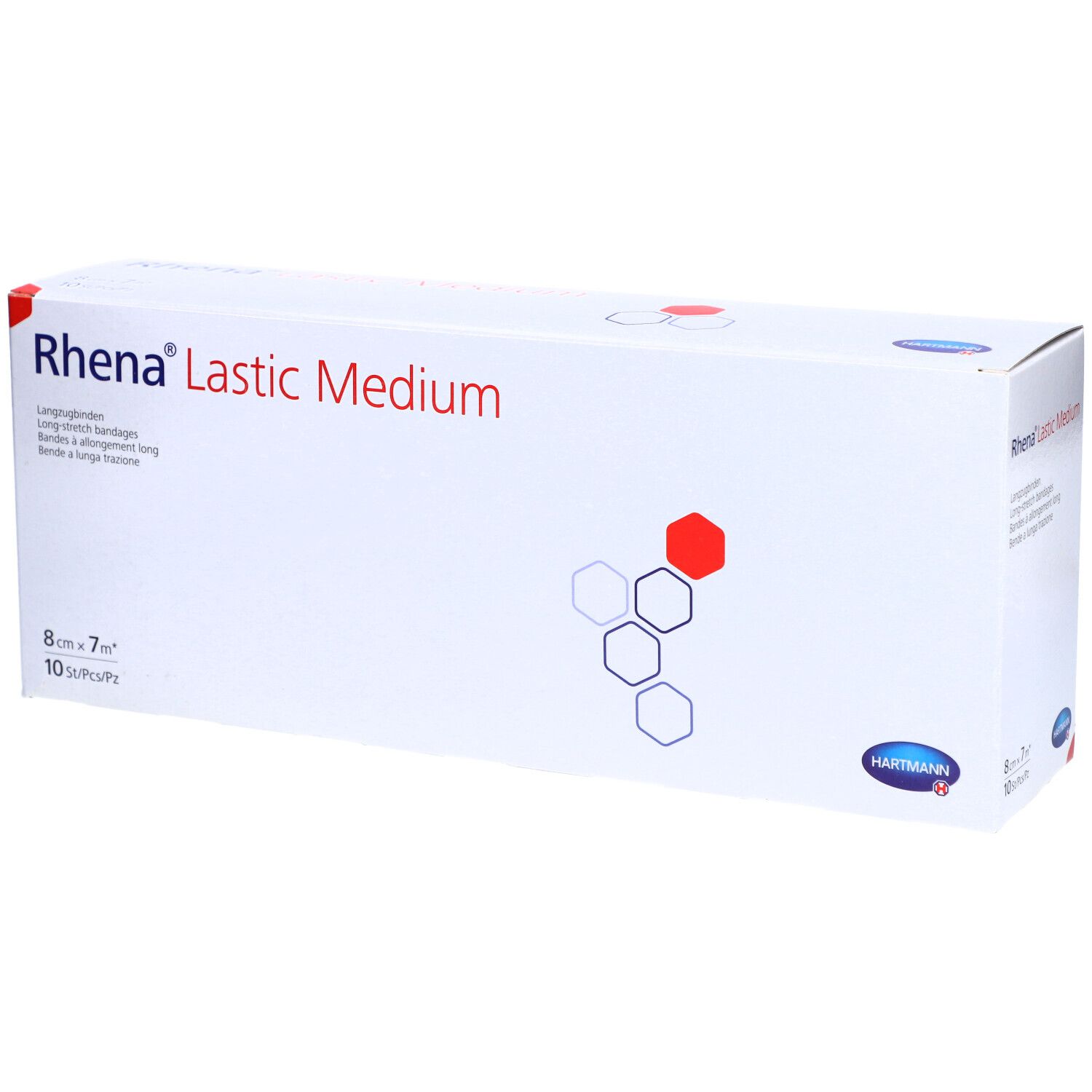 Boîte de Rhena Lastic Medium, bandages extensibles. 8 cm x 7 m, 10 pièces. Blanc, texte rouge et bleu.