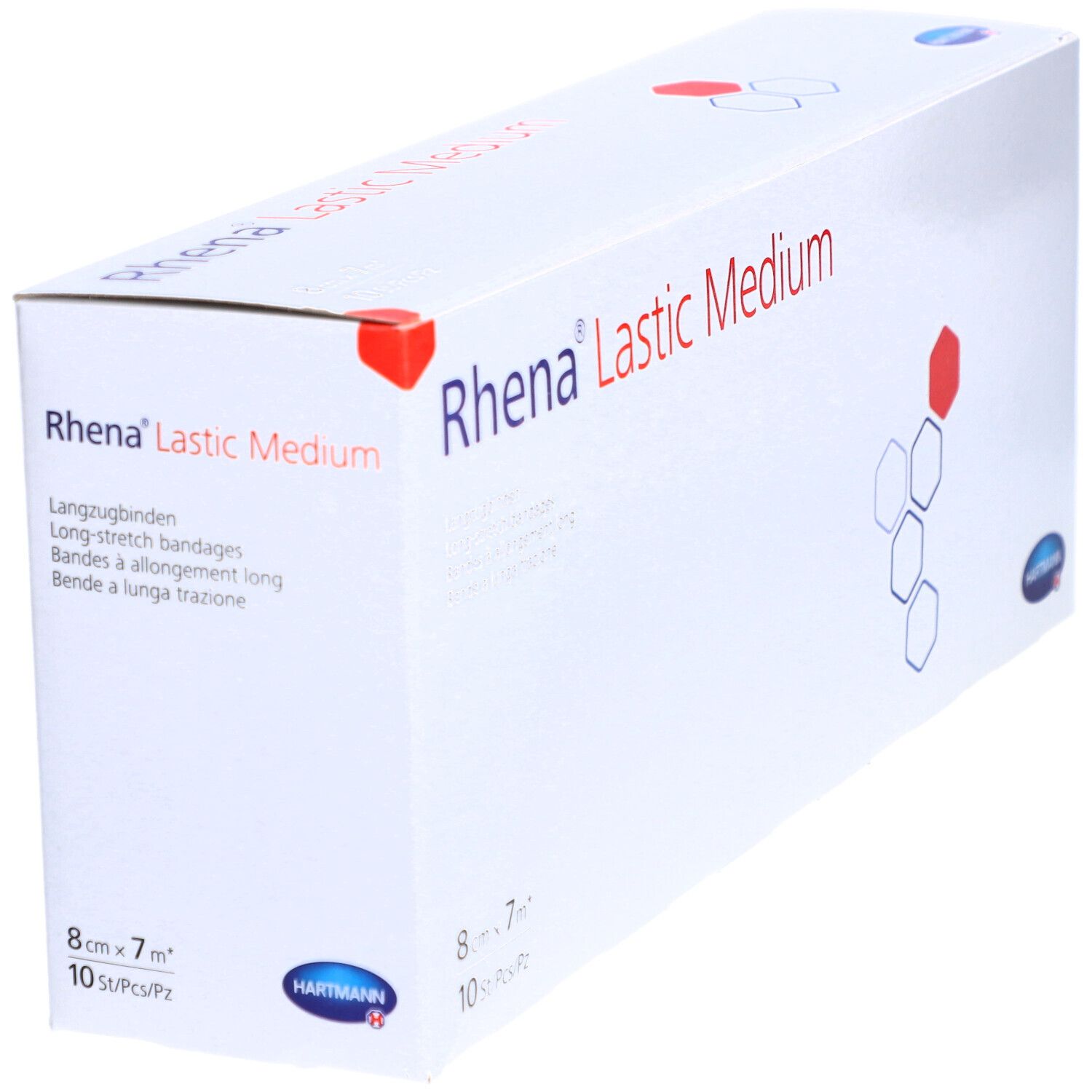 Boîte de Rhena Lastic Medium en biais. Bandages extensibles. 8 cm x 7 m, 10 pièces. Texte rouge et bleu.