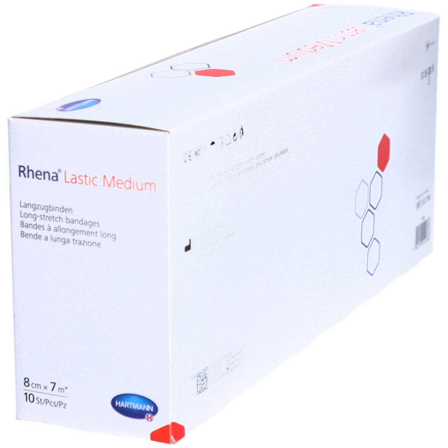 Boîte de Rhena Lastic Medium en biais. Bandages extensibles. 8 cm x 7 m, 10 pièces. Texte rouge et bleu.