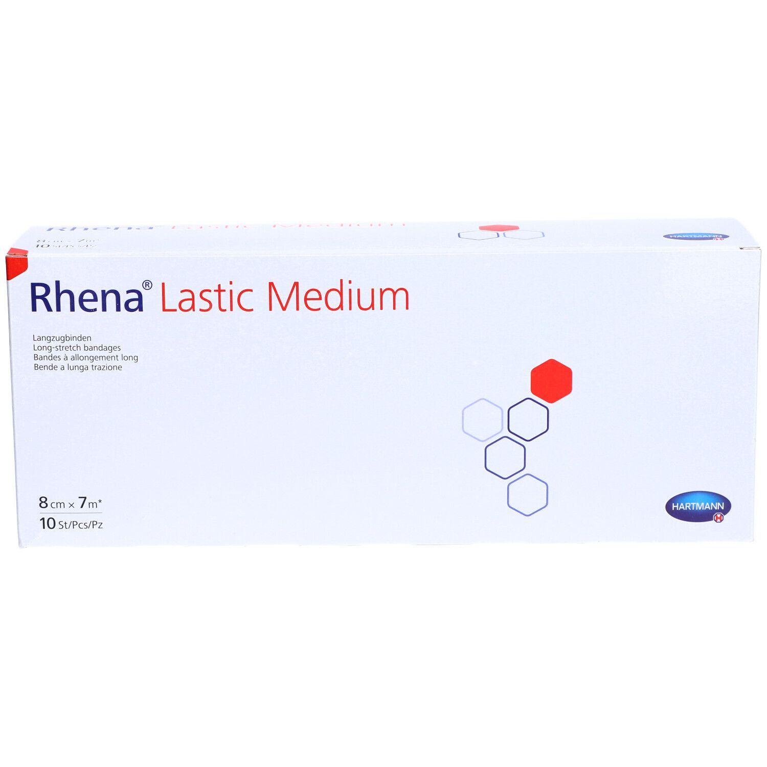 Boîte de Rhena Lastic Medium, bandages extensibles. 8 cm x 7 m, 10 pièces. Blanc, texte rouge et bleu.