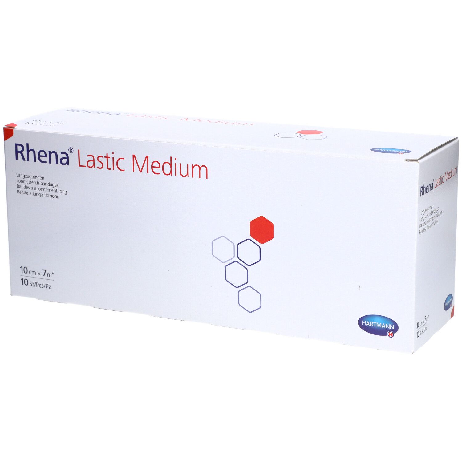 Boîte de bandages Rhena Lastic Medium. Carton blanc avec texte rouge et bleu. 10 cm x 7 m, 10 pièces.