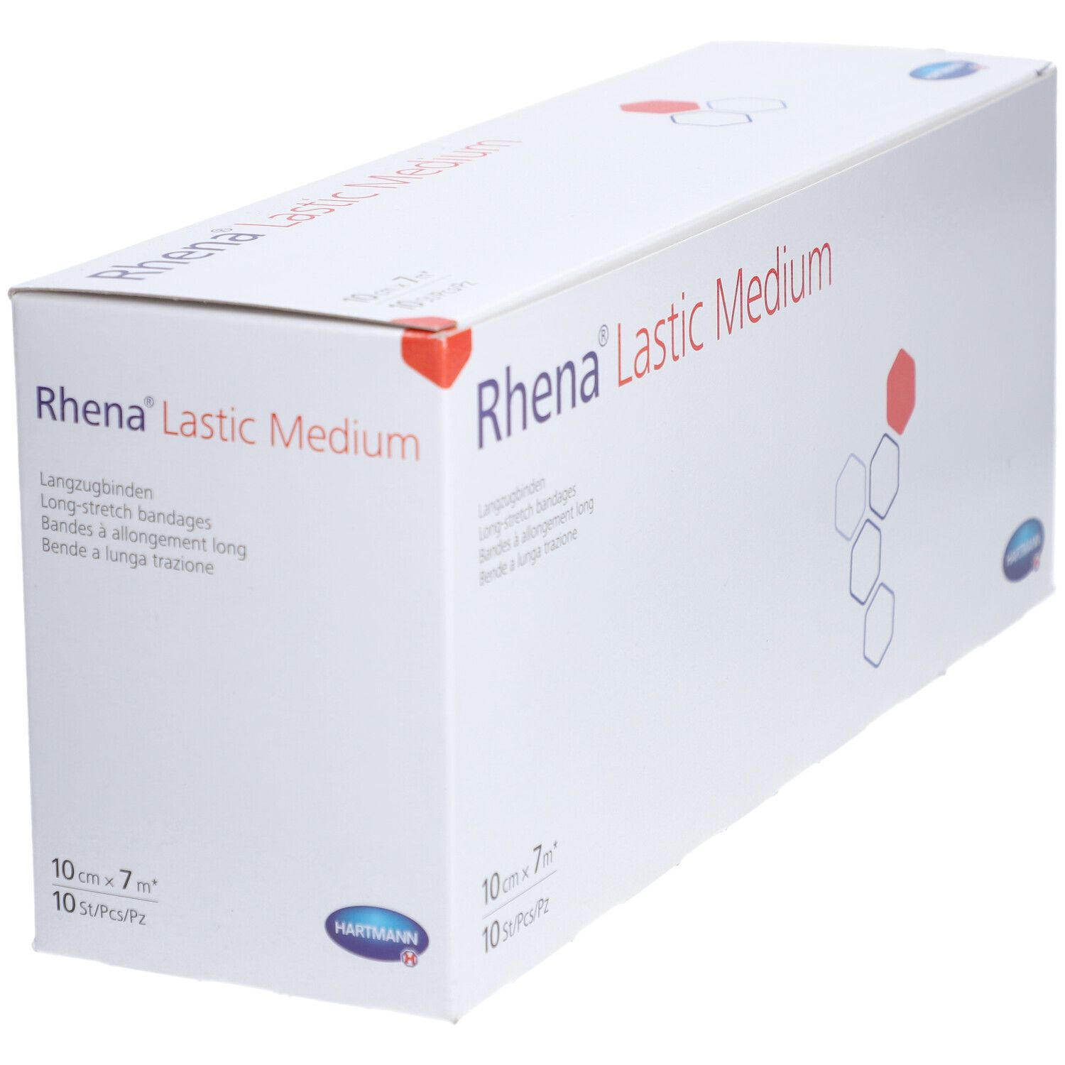 Boîte de bandages Rhena Lastic Medium en biais. Carton blanc avec texte rouge et bleu. 10 cm x 7 m, 10 pièces.