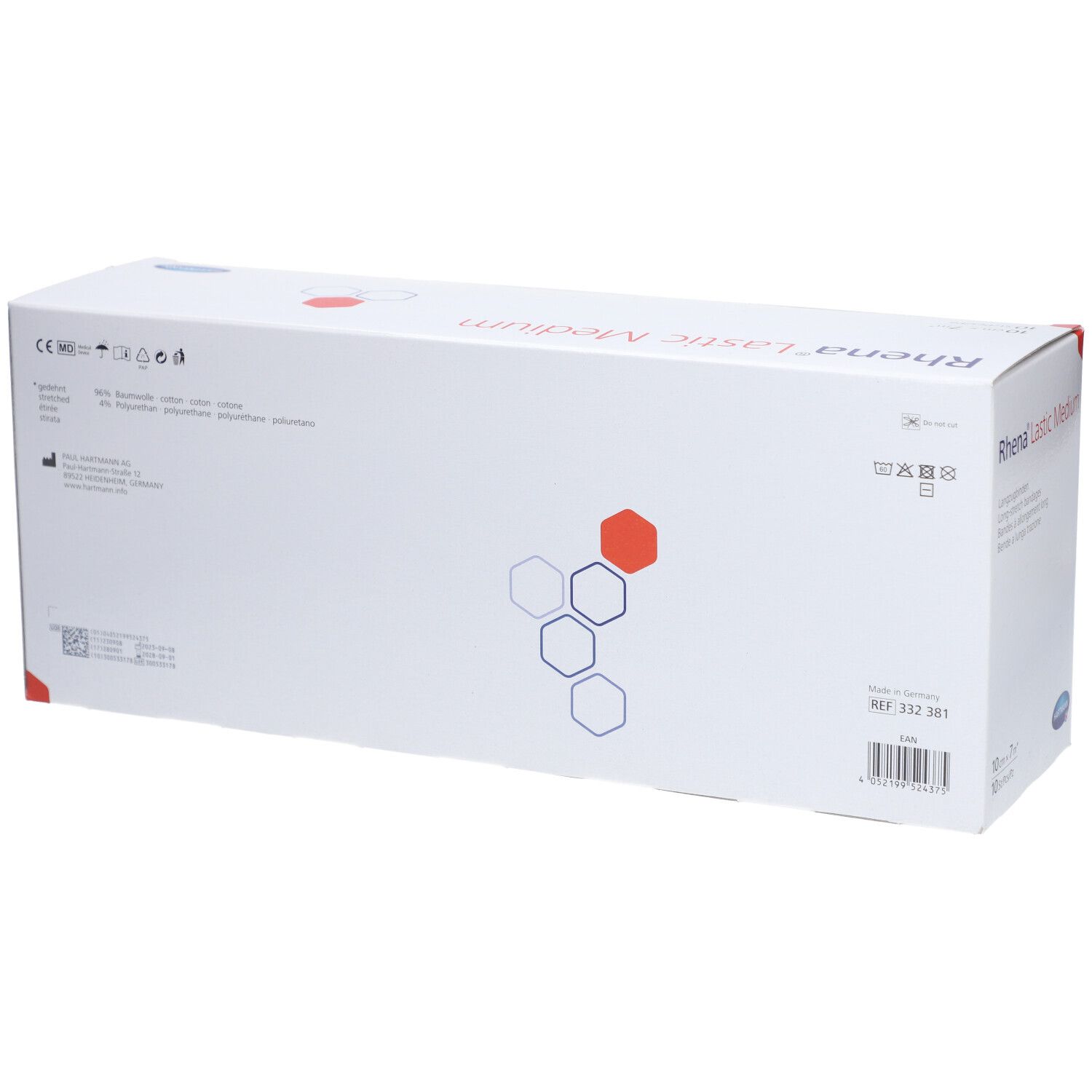 Dos de la boîte de bandages Rhena Lastic Medium. Carton blanc avec texte et symboles. REF 332 001.