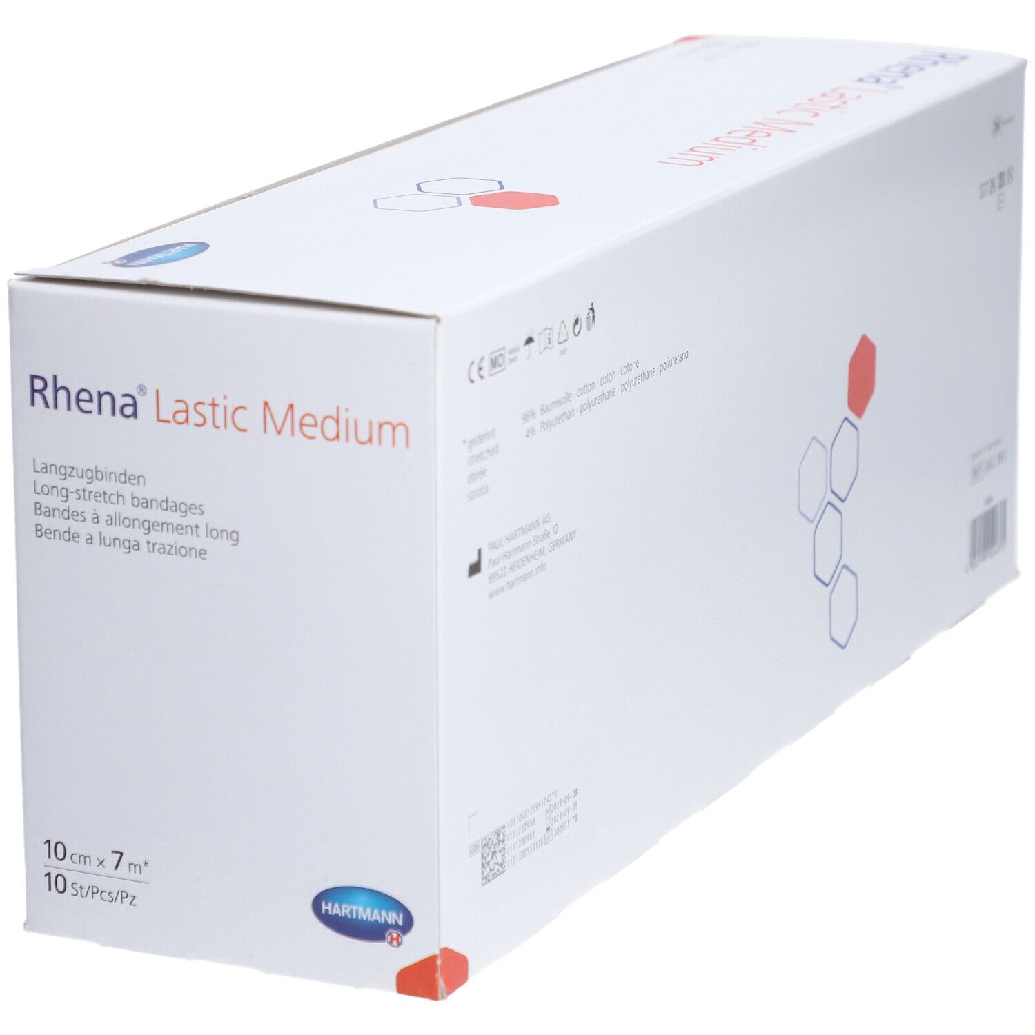 Boîte de bandages Rhena Lastic Medium en biais. Carton blanc avec texte rouge et bleu. 10 cm x 7 m, 10 pièces.