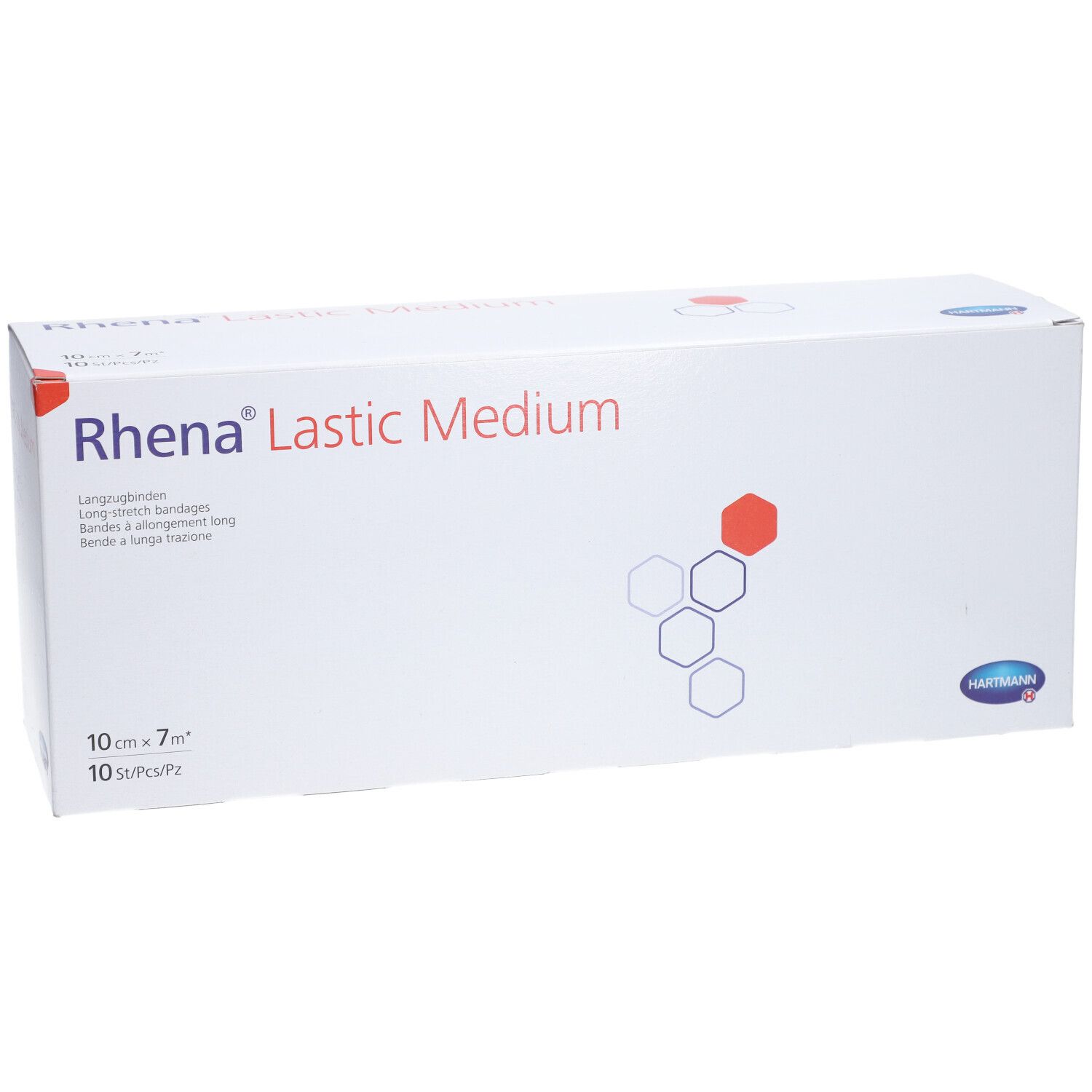Boîte de bandages Rhena Lastic Medium. Carton blanc avec texte rouge et bleu. 10 cm x 7 m, 10 pièces.