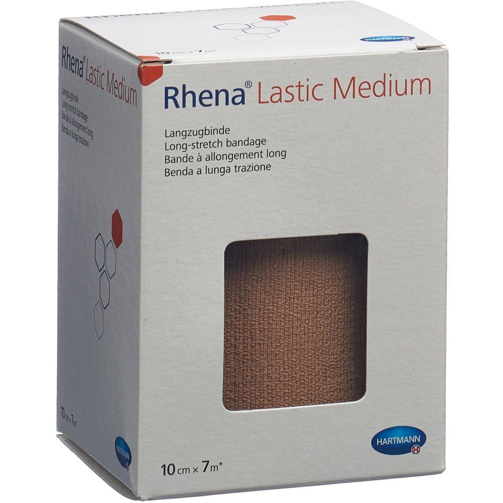 Verpackung von Rhena Lastic Medium Langzugbinde. Sichtfenster zeigt braune Binde. 10 cm x 7 m. Hartmann Logo.