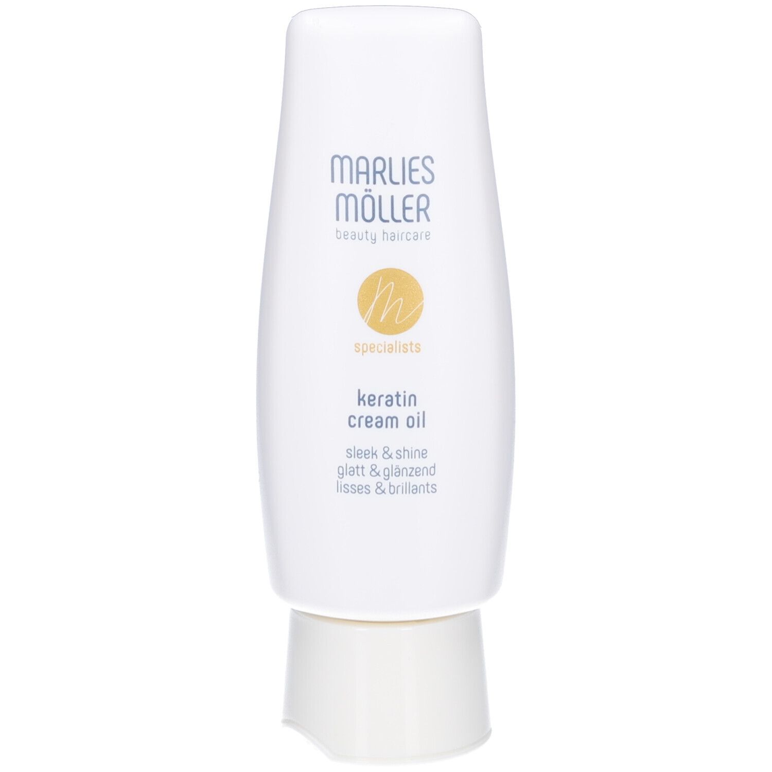 Flacon blanc avec logo Marlies Möller et texte. Produit : Keratin Cream Oil. Texte : sleek & shine, glatt & glänzend, lisses & brillants.