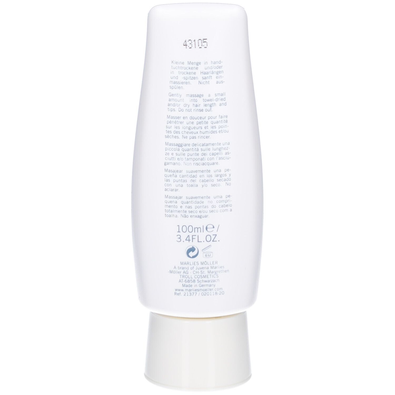 Dos d'un flacon blanc. Texte : 100ml/3.4FL.OZ. et autres informations sur le produit. Marque : Marlies Möller.