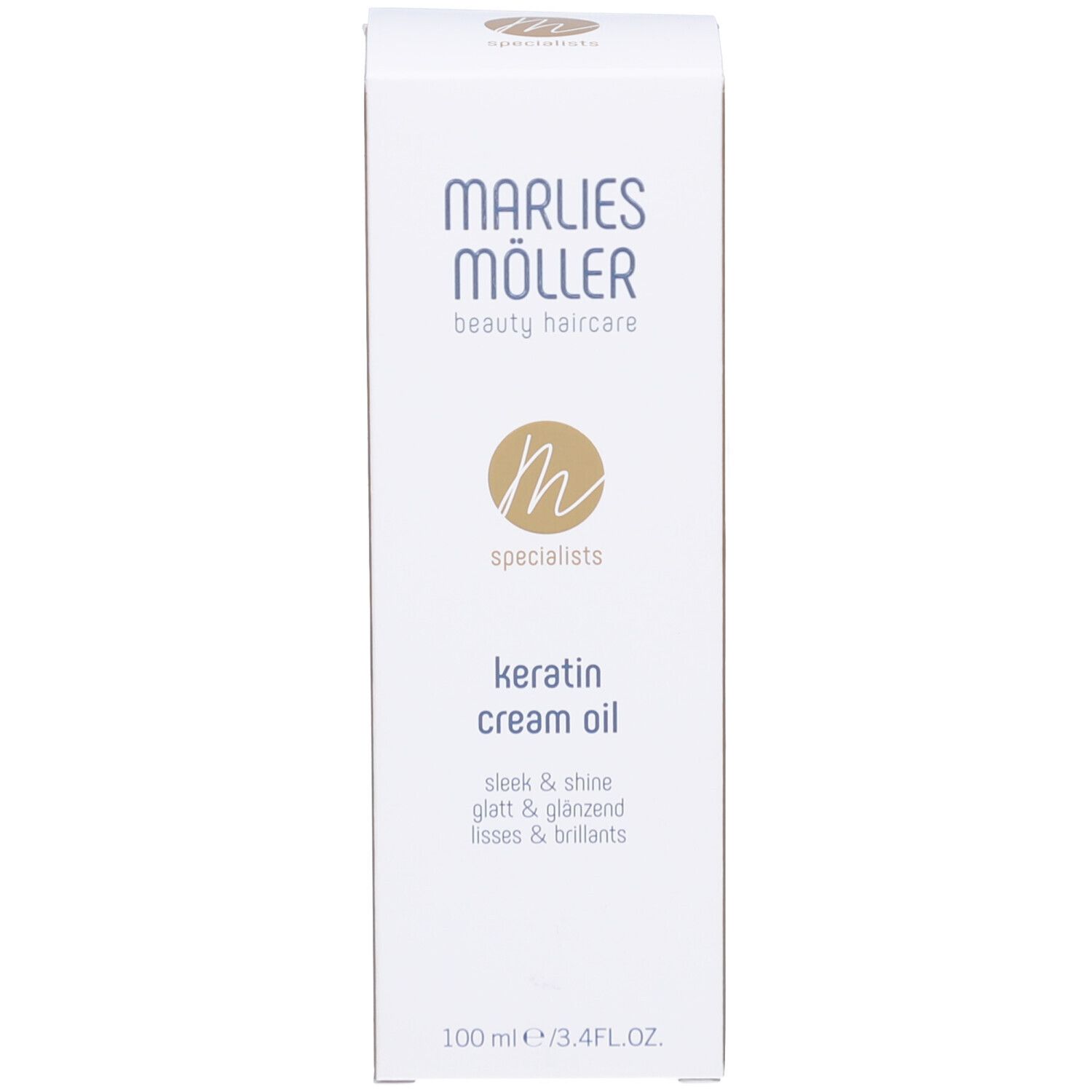 Emballage du produit. Marque : Marlies Möller. Produit : Keratin Cream Oil. Texte : sleek & shine, glatt & glänzend, lisses & brillants.
