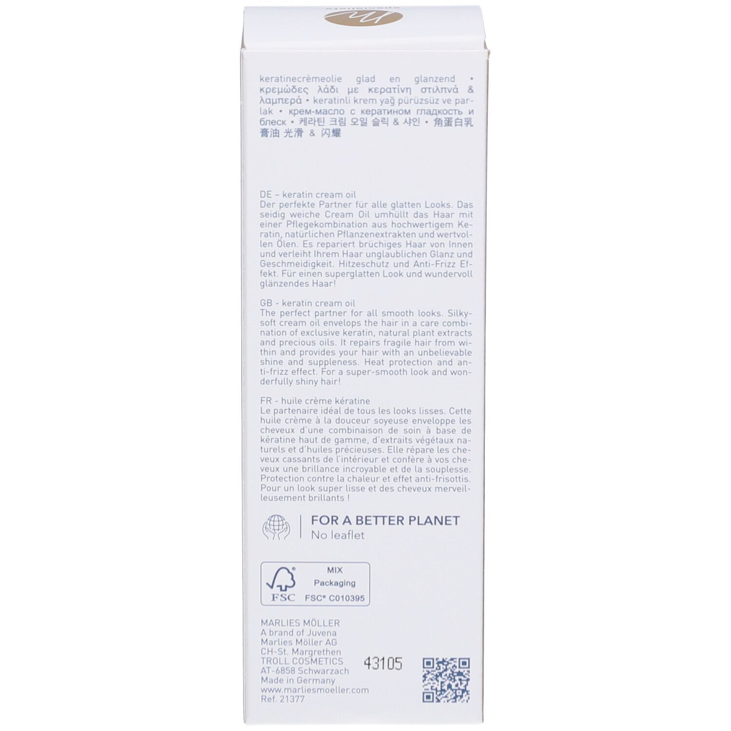 Côté de l'emballage du produit. Texte en plusieurs langues. Marque : Marlies Möller. Certification FSC.