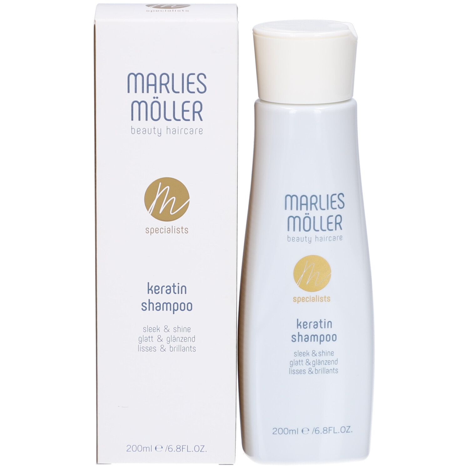 Marlies Möller Keratin Shampoo-Flasche mit Verpackung. Aufschrift: Keratin Shampoo, sleek & shine, glatt & glänzend.