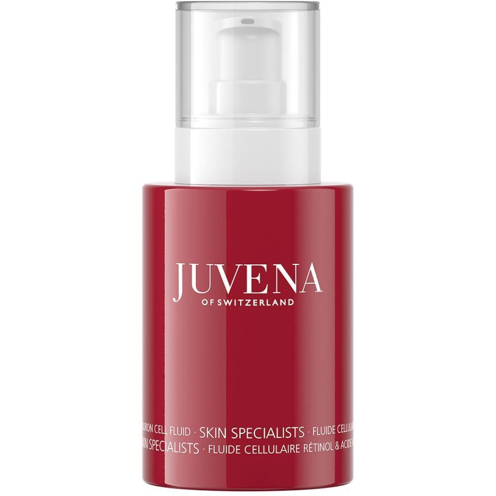 Rote Flasche mit weißem Pumpkopf. Aufschrift: JUVENA OF SWITZERLAND. Text: SKIN SPECIALISTS, Retinol & Hyaluron Cell Fluid.