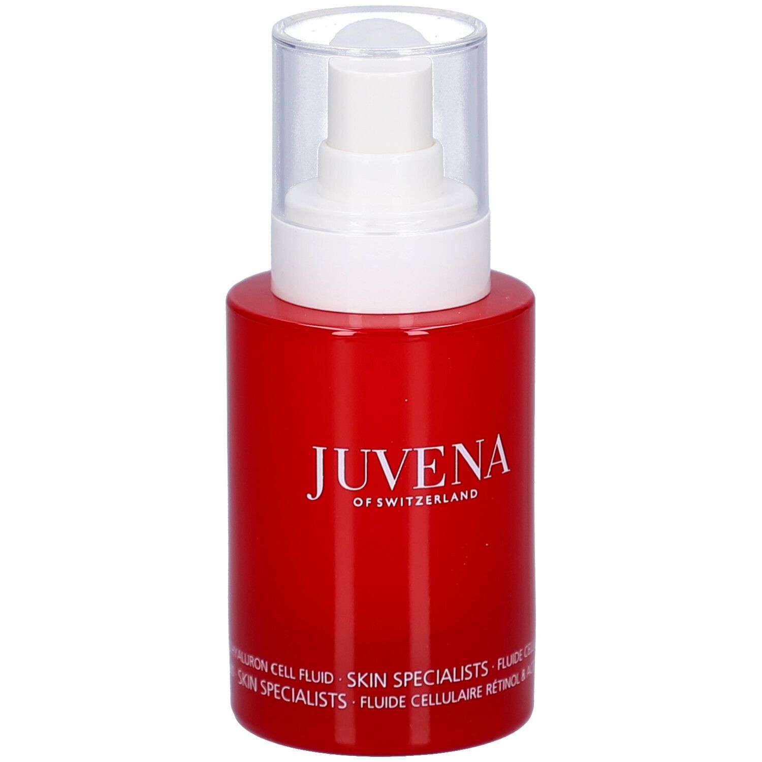 Rote Flasche mit weißem Pumpkopf. Aufschrift: Juvena of Switzerland. Text: Skin Specialists, Retinol u. Hyaluron Cell Fluid.