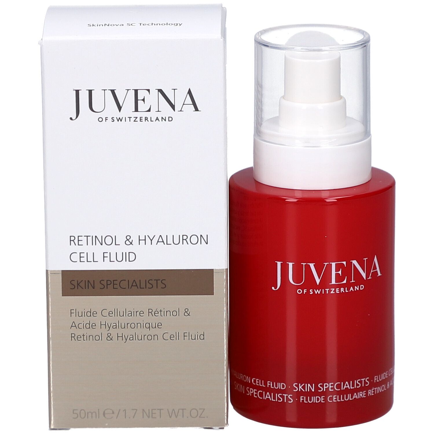 Rote Flasche und Verpackung. Aufschrift: Juvena of Switzerland. Text: Retinol & Hyaluron Cell Fluid, Skin Specialists.