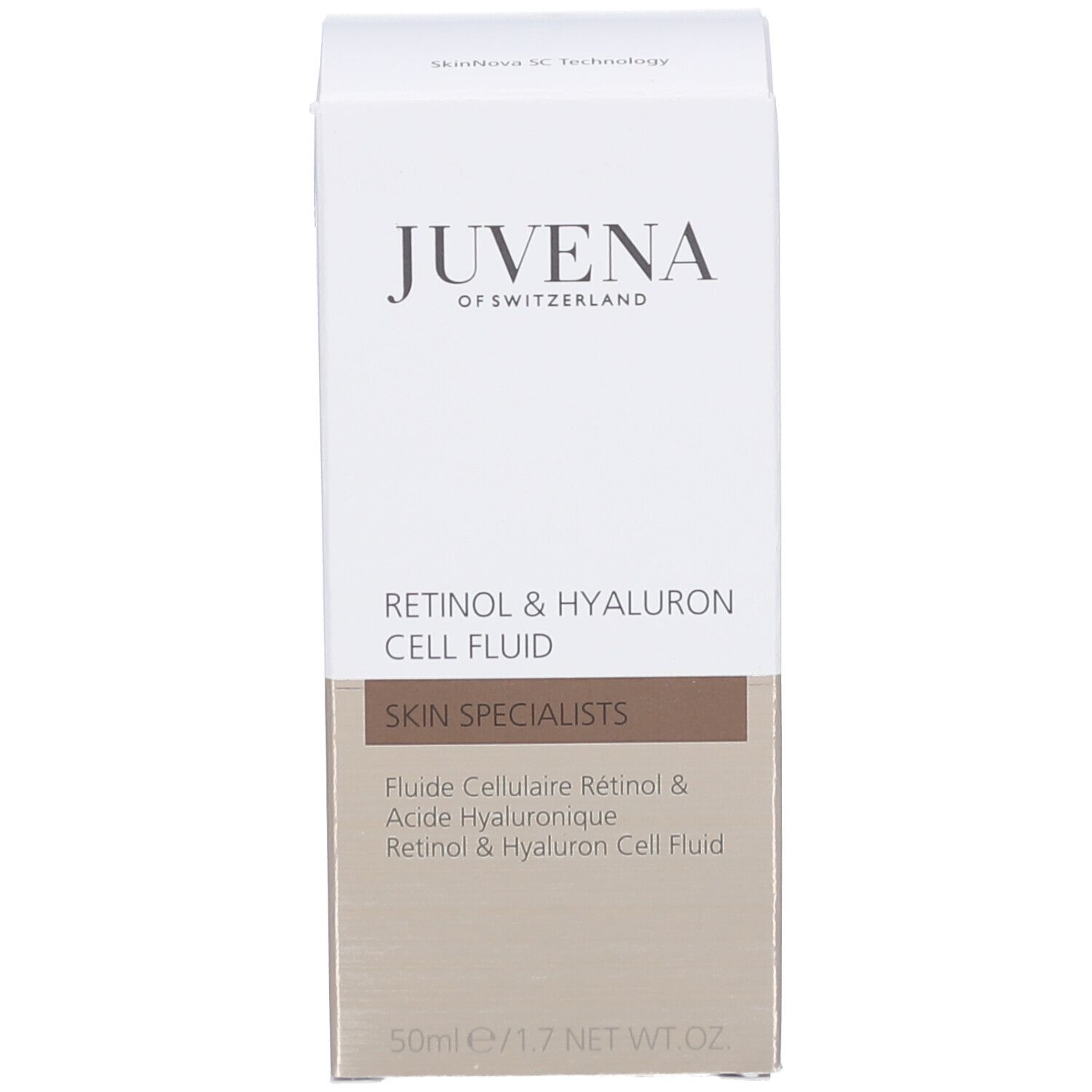 Verpackung mit Aufschrift: Juvena of Switzerland. Text: Retinol & Hyaluron Cell Fluid, Skin Specialists. Unterseite: 50ml/1.7 NET WT. OZ.
