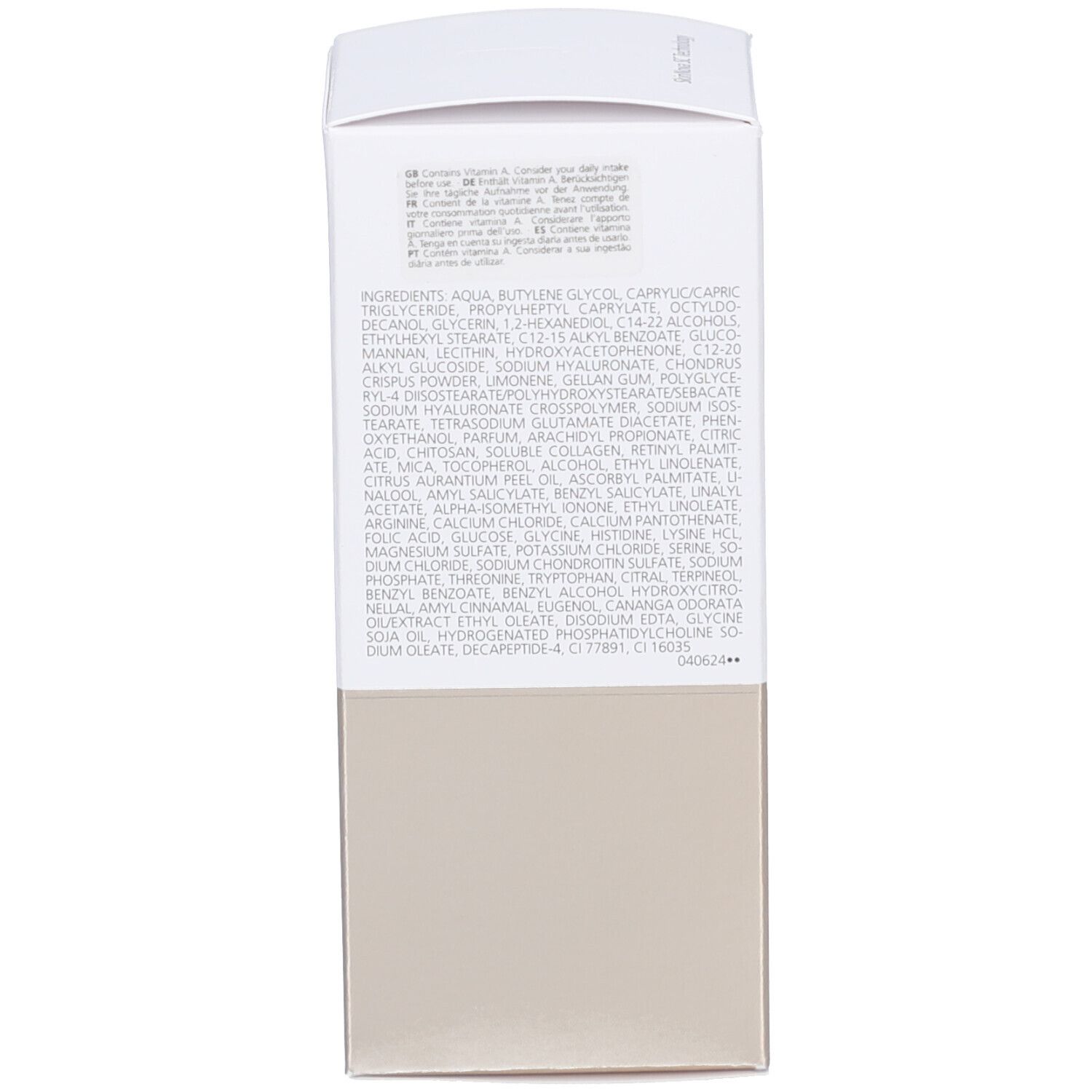 Verpackung mit Inhaltsstoffen. Text: Aqua, Butylene Glycol, Caprylic/Capric Triglyceride, Propylheptyl Caprylate, Octyldodecanol...