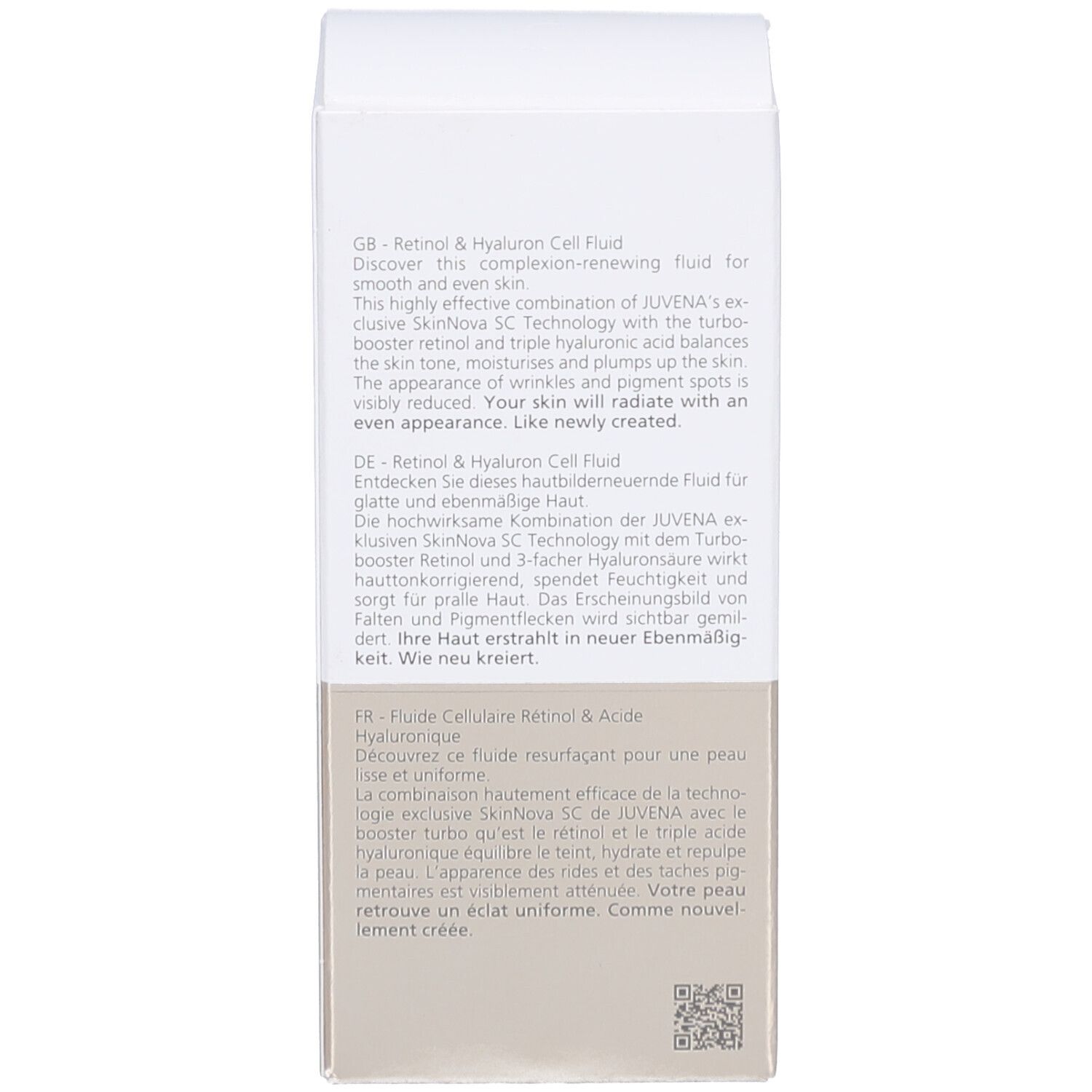 Verpackung mit Text. Text: Retinol & Hyaluron Cell Fluid. Entdecken Sie diese hautbilderneuernde Fluid für glatte und ebenmäßige Haut.