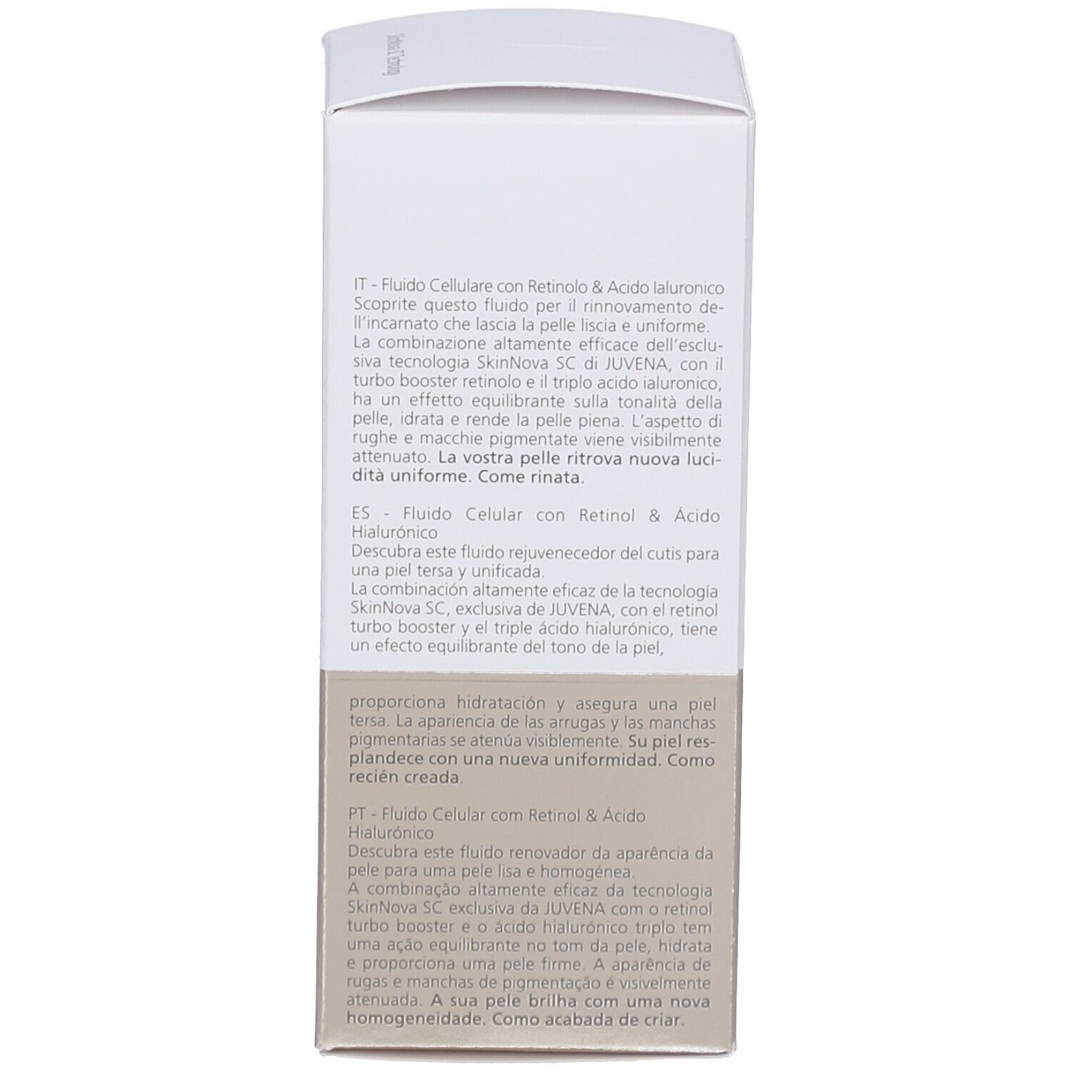 Verpackung mit Text. Text: Retinol & Hyaluron Cell Fluid. Entdecken Sie diese hautbilderneuernde Fluid für glatte und ebenmäßige Haut.