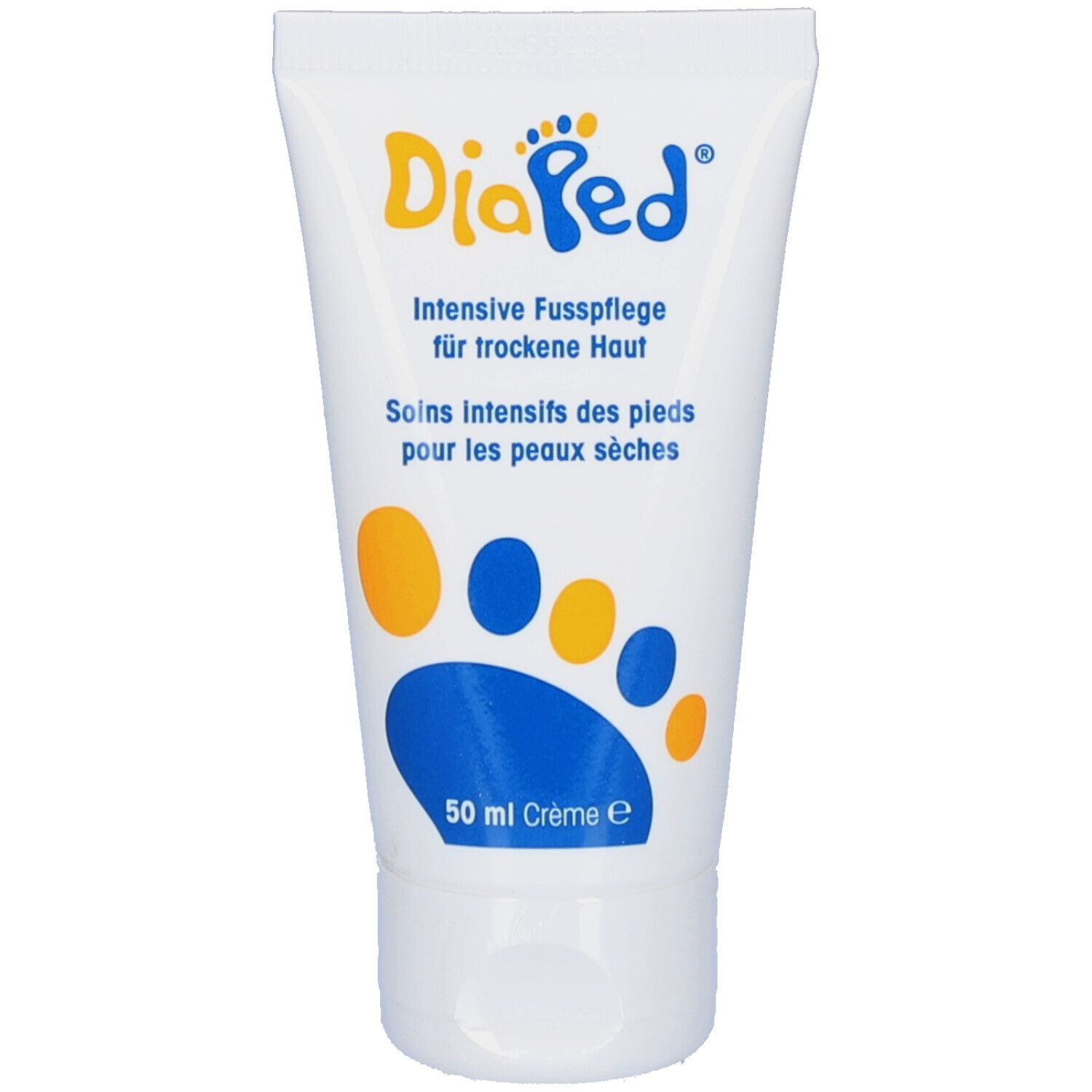 Tube blanche avec logo DiaPed, motif empreinte de pied. Texte: Soins intensifs des pieds pour peaux sèches. 50 ml Crème.