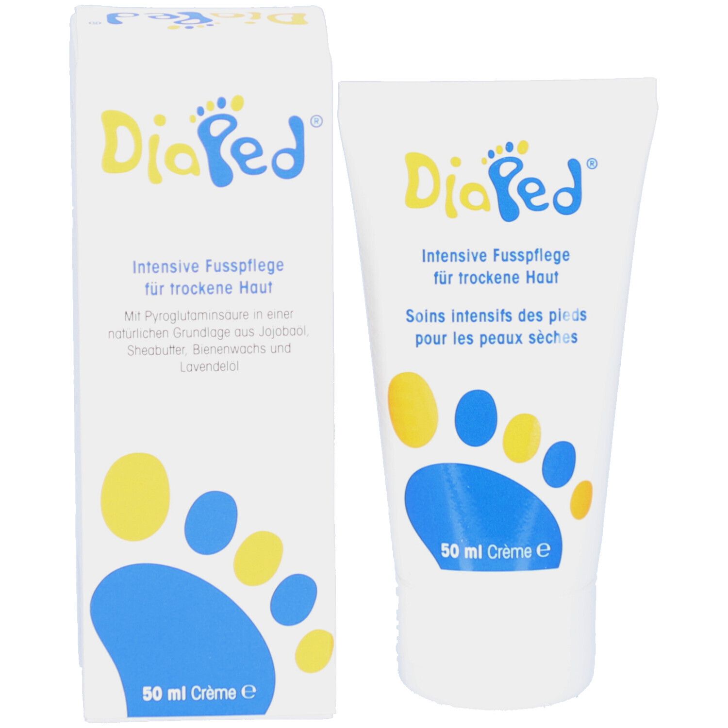 Tube et boîte DiaPed. Logo, motif empreinte de pied. Texte: Soins intensifs des pieds pour peaux sèches. 50 ml Crème.