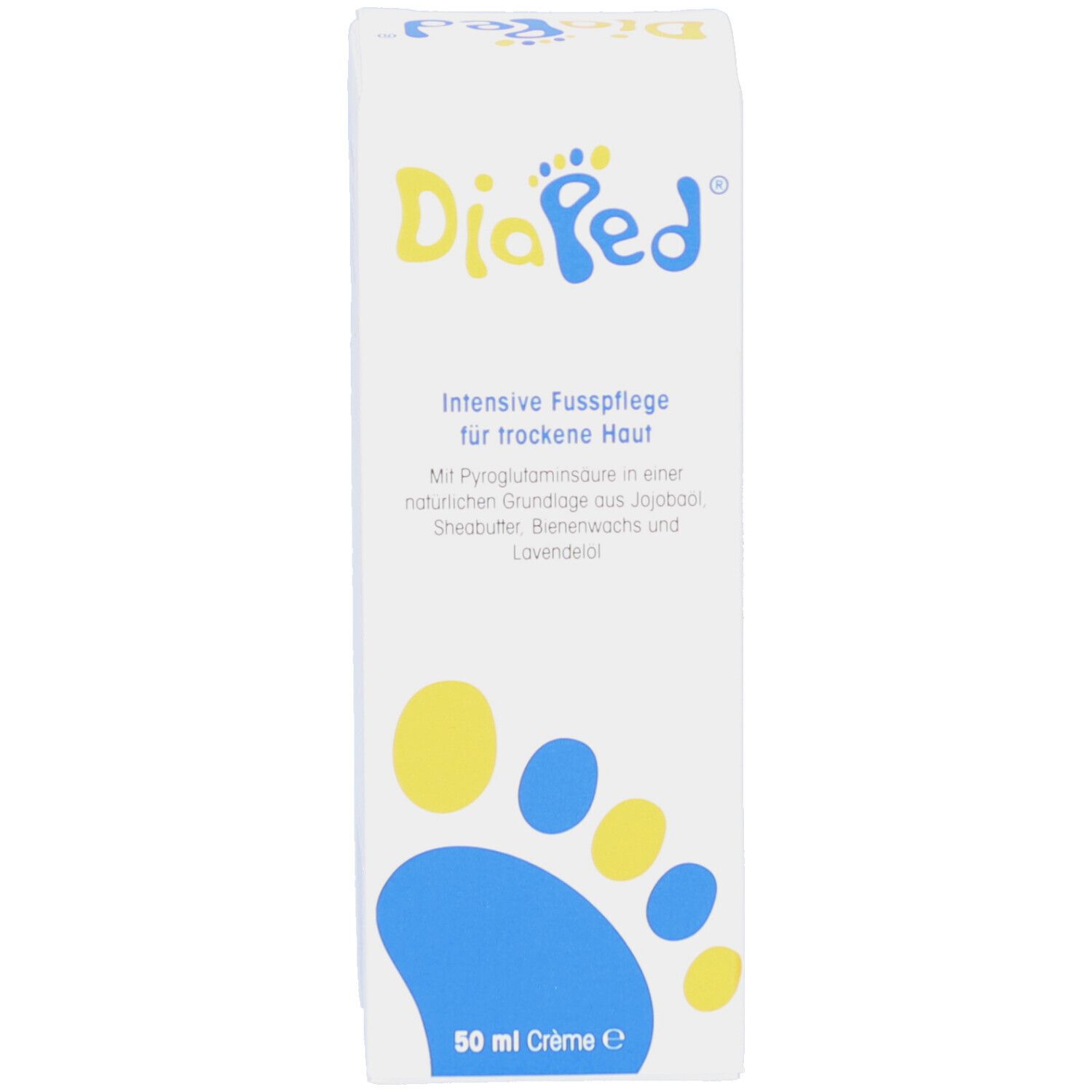 Boîte blanche avec logo DiaPed, motif empreinte de pied. Texte: Soins intensifs des pieds pour peaux sèches. 50 ml Crème.
