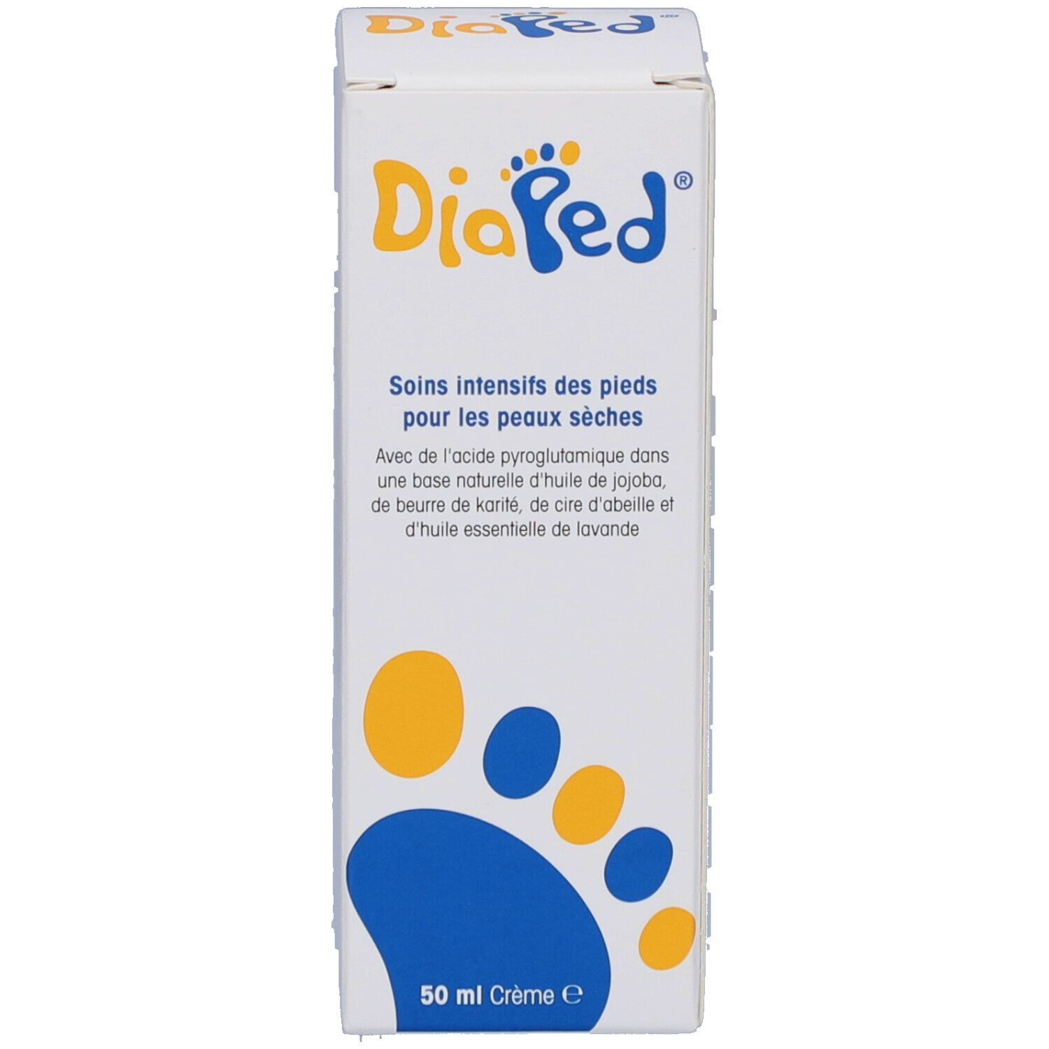 Côté de la boîte blanche. Logo DiaPed, motif empreinte de pied. Texte: Soins intensifs des pieds pour peaux sèches. 50 ml Crème.
