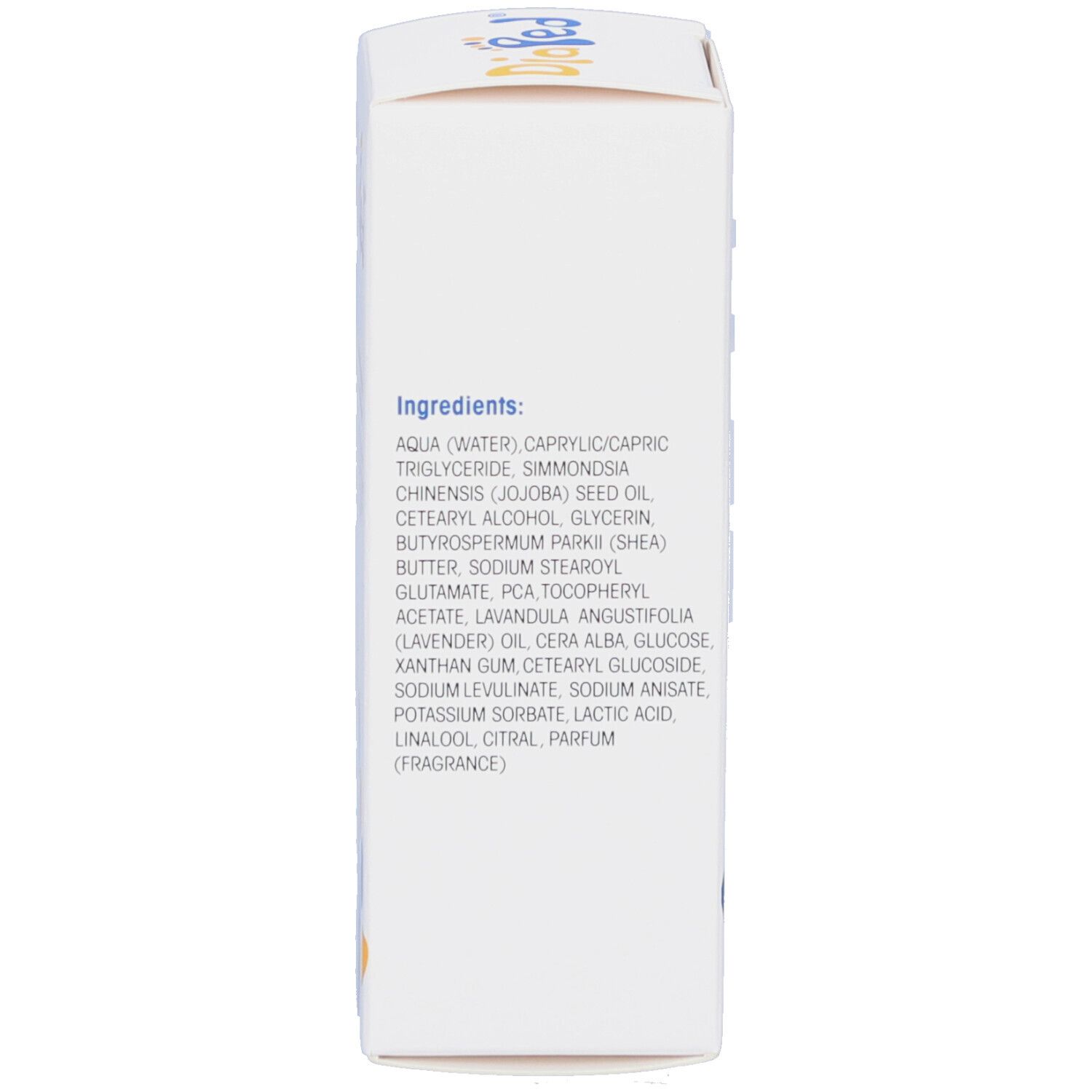Côté de la boîte blanche. Liste des ingrédients. Aqua, Caprylic/Capric Triglyceride, Simmondsia Chinensis...