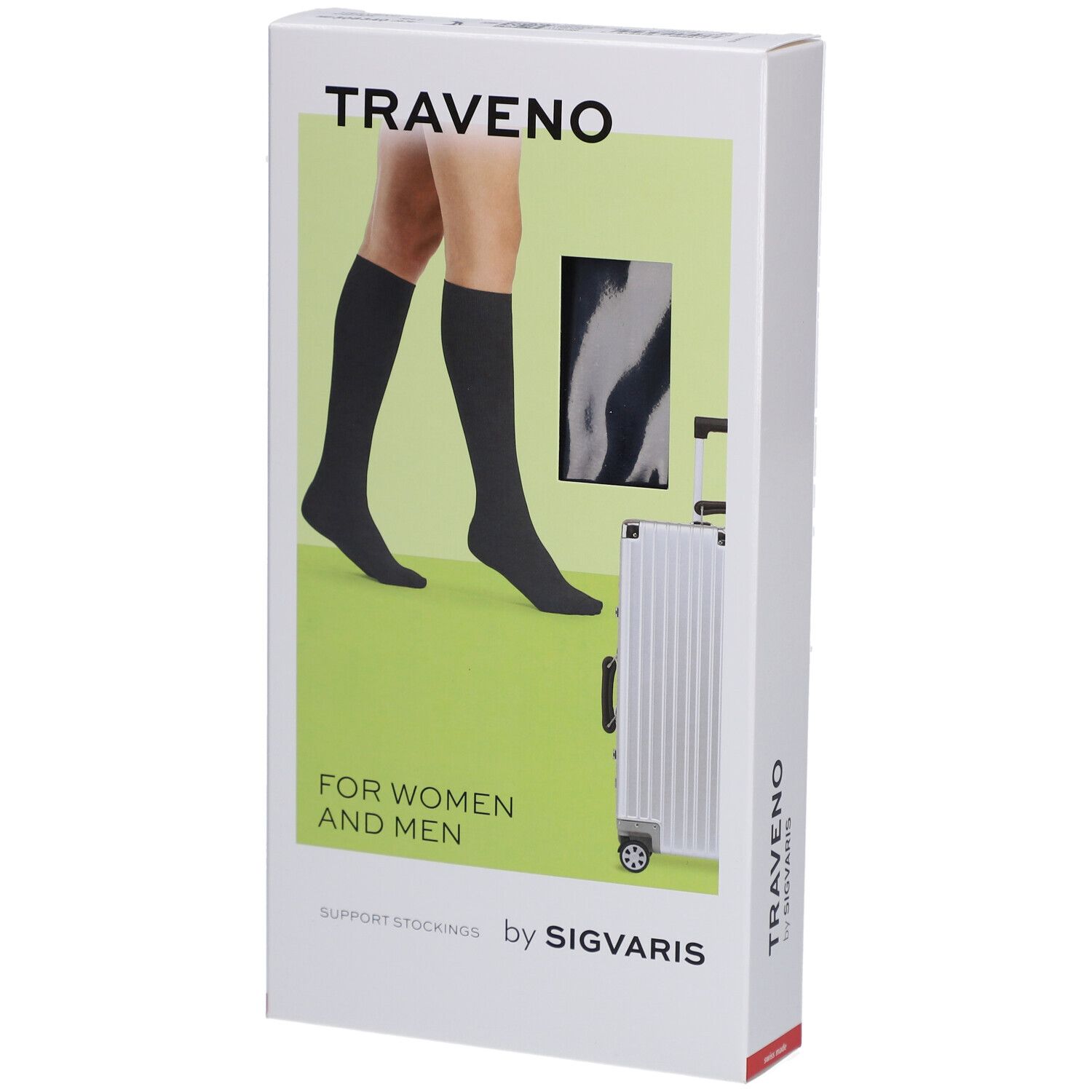 Verpackung mit TRAVENO Reisesocken. Aufdruck: FOR WOMEN AND MEN, by SIGVARIS. Abbildung: Kniehohe Socken, Koffer.