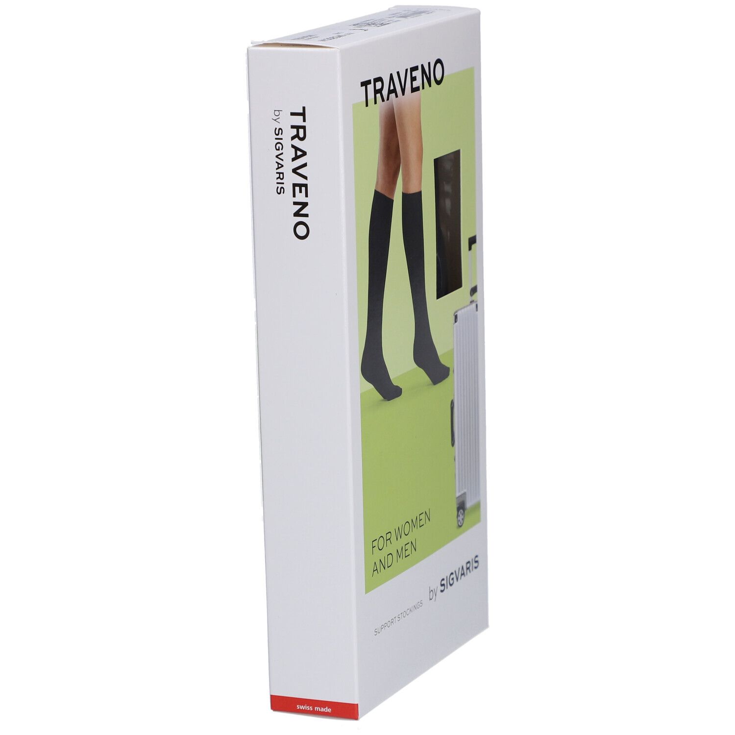 Verpackung von TRAVENO Reisesocken. Aufdruck: TRAVENO by SIGVARIS. FOR WOMEN AND MEN. Rote Ecke unten. Blickwinkel.