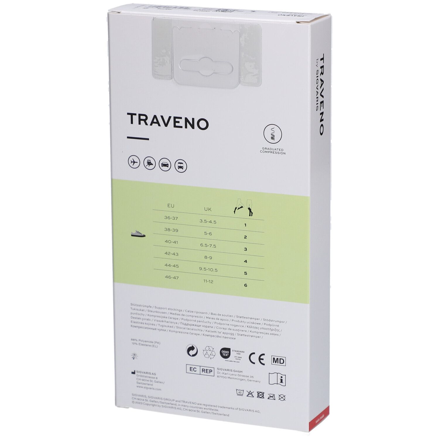 Rückseite der Verpackung von TRAVENO Reisesocken. Größenangaben, Piktogramme, CE-Kennzeichnung, Herstellerinformationen.
