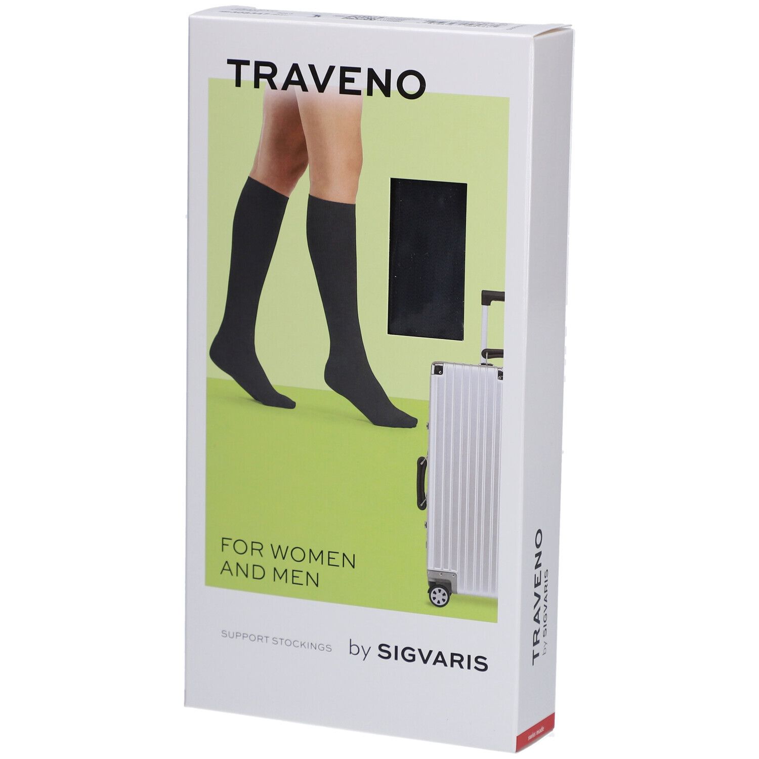 Verpackung von TRAVENO Reisesocken. Anthrazitfarbene Kniestrümpfe, Abbildung von Beinen. Marke SIGVARIS.